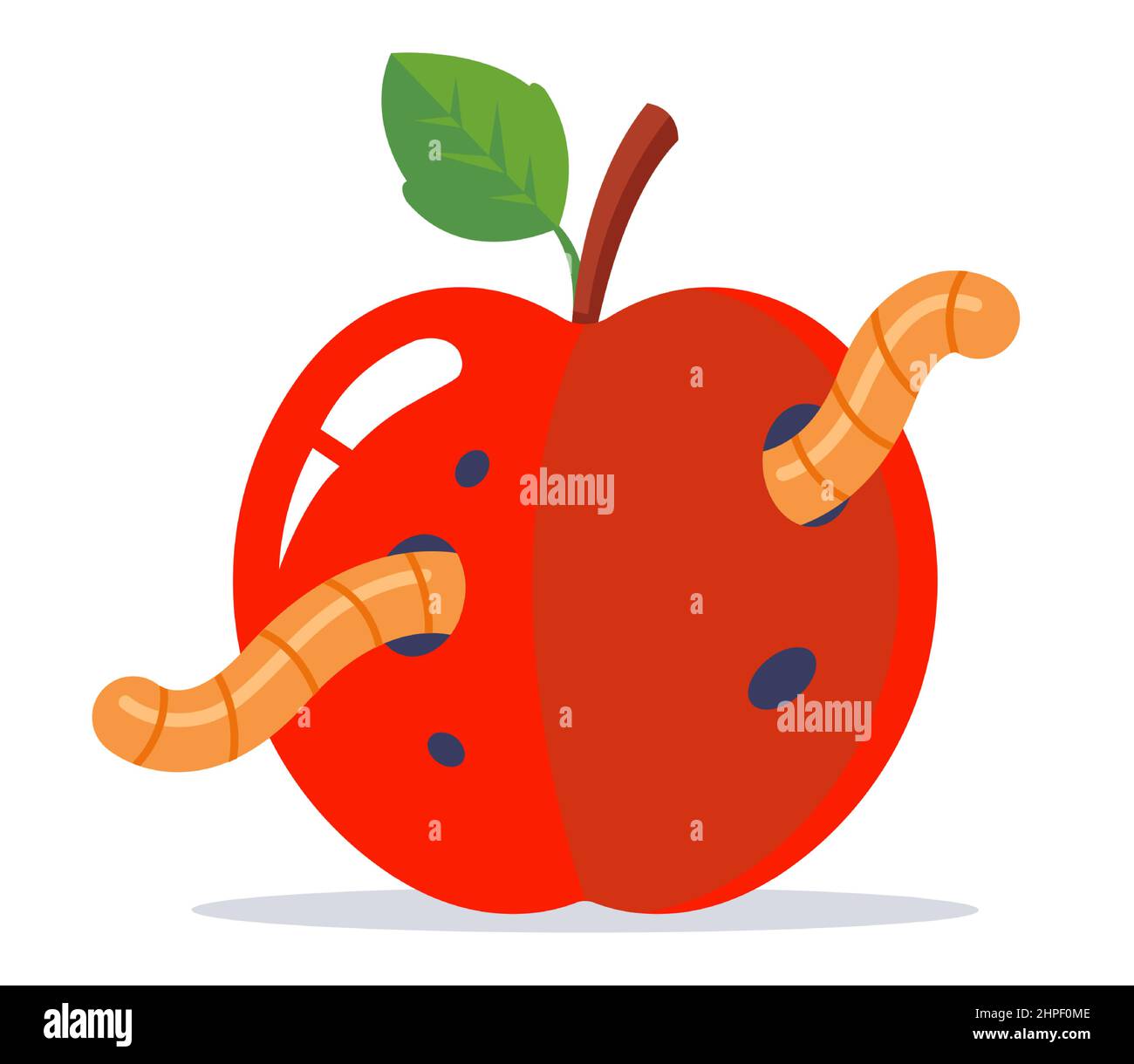wormy red apple with a green leaf. flat vector illustration. Stock Vector