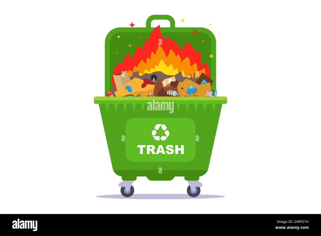 a green garbage container in which a fire burns. garbage disposal. flat
