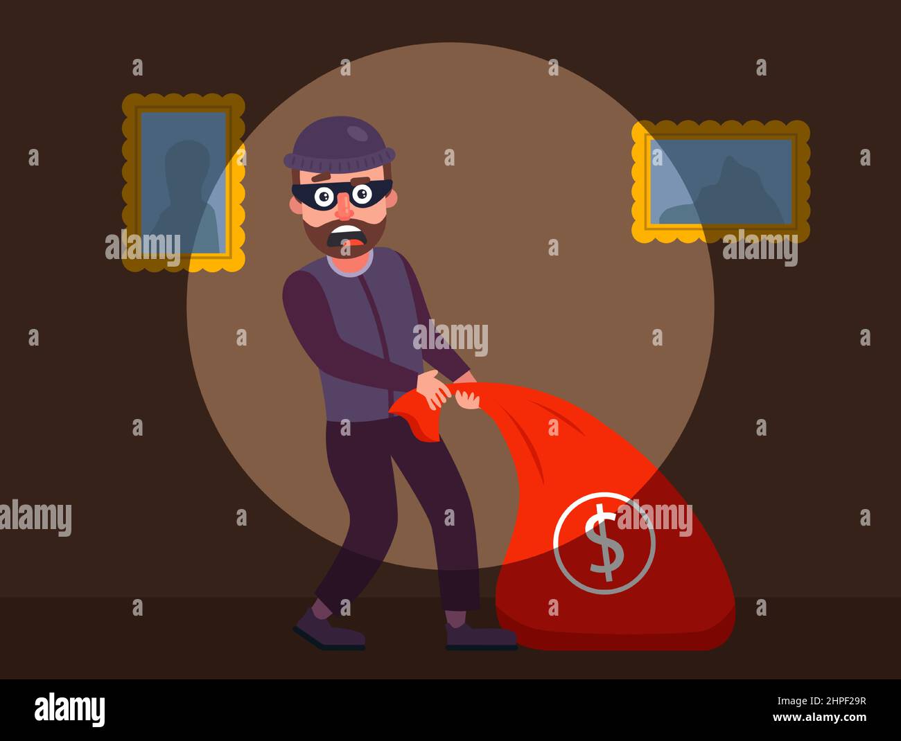 the robber was caught red-handed. the guards detained the burglar of the apartment. robbery of a private house at night. flat vector character illustration. Stock Vector