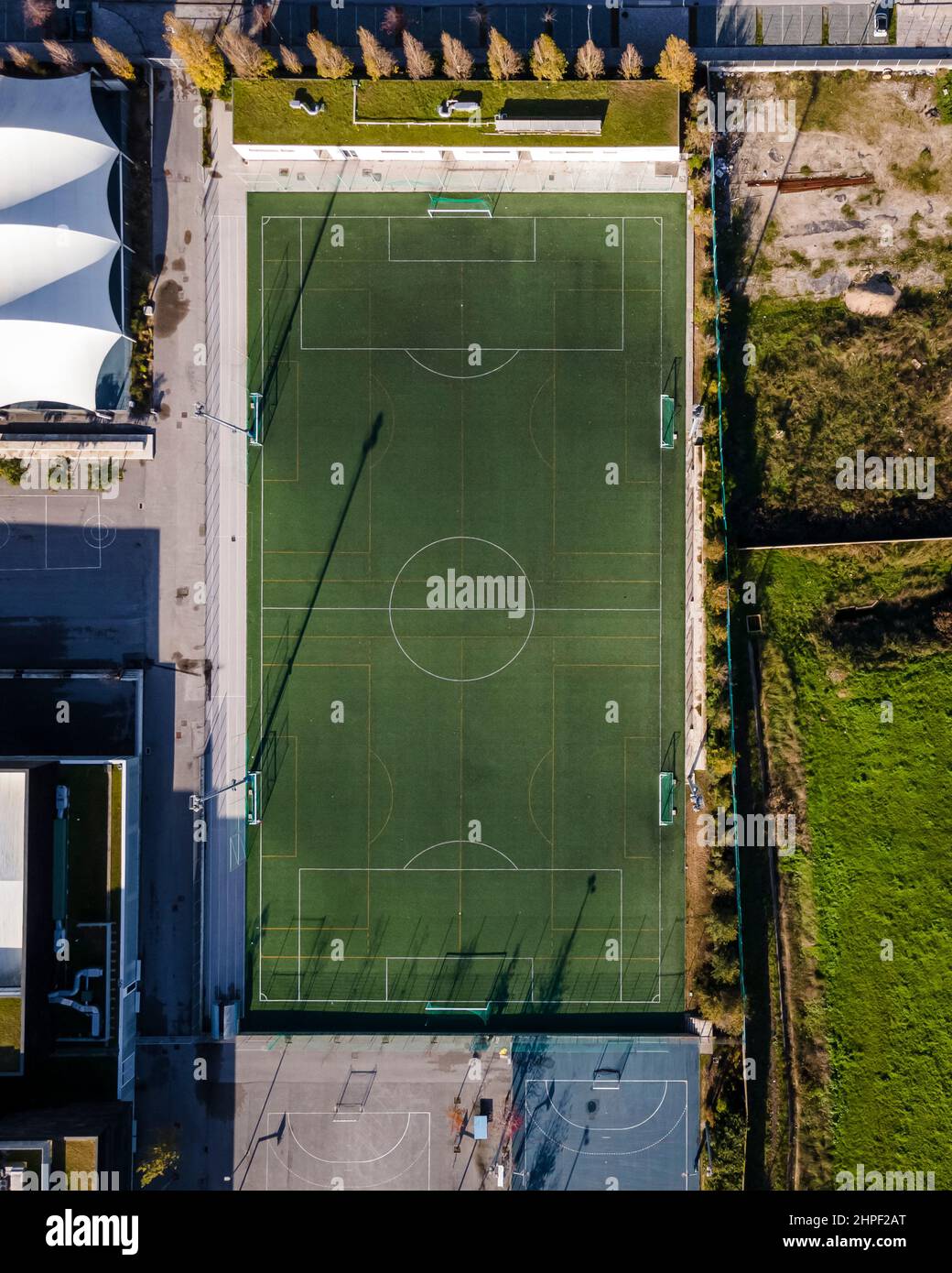 Aerial view of a local soccer field in residential district of Lisbon