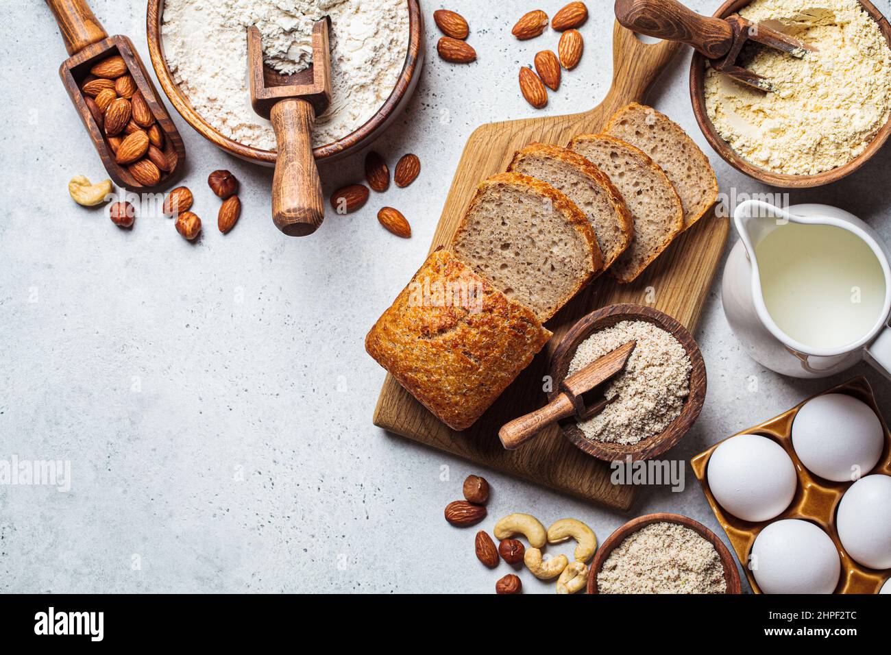Keto bread cooking. Different types of nut flour almond, hazelnut