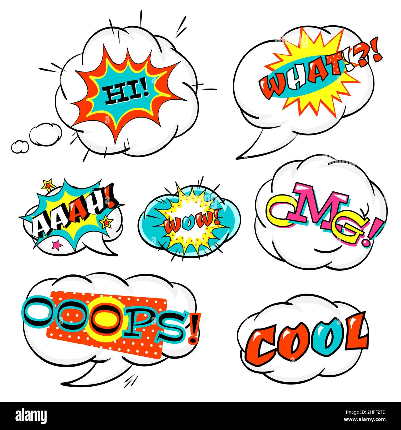 Set of comic speech bubble with inscription: wow, what, omg, aaah, hi, cool. Collection of cartoon explosions and clouds. Vector Illustration EPS8 Stock Vector
