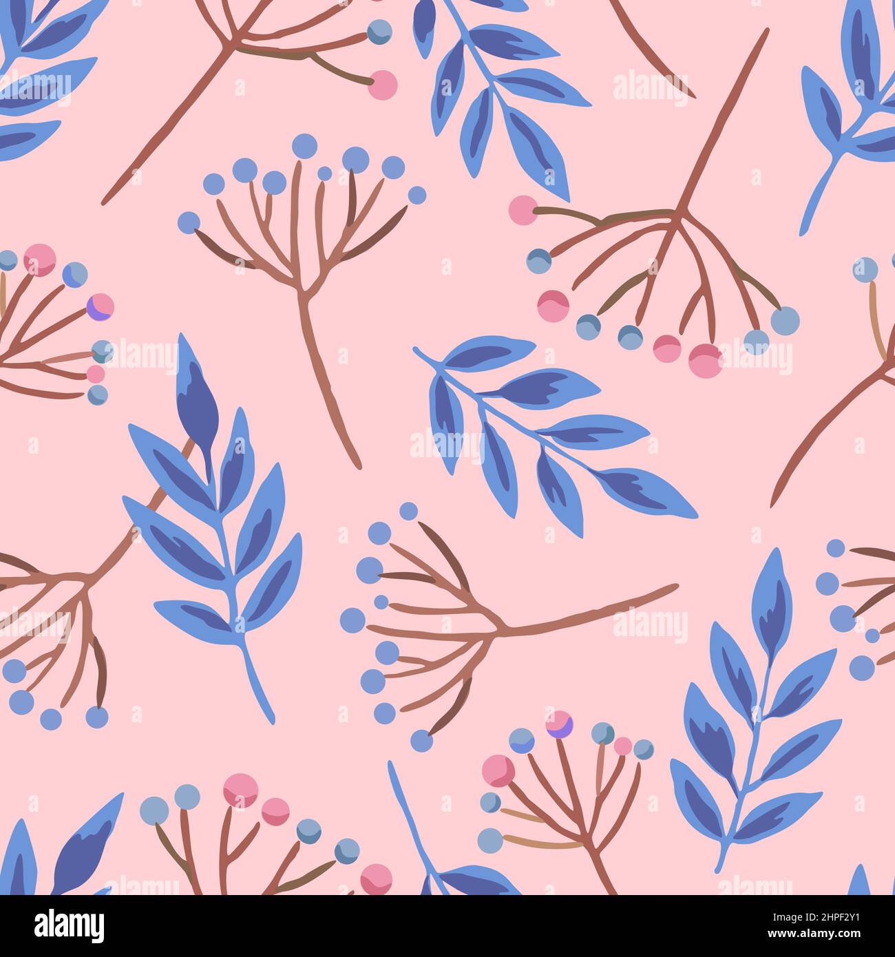 Seamless pattern with berry branches and doodle autumn leaves. Vector ...