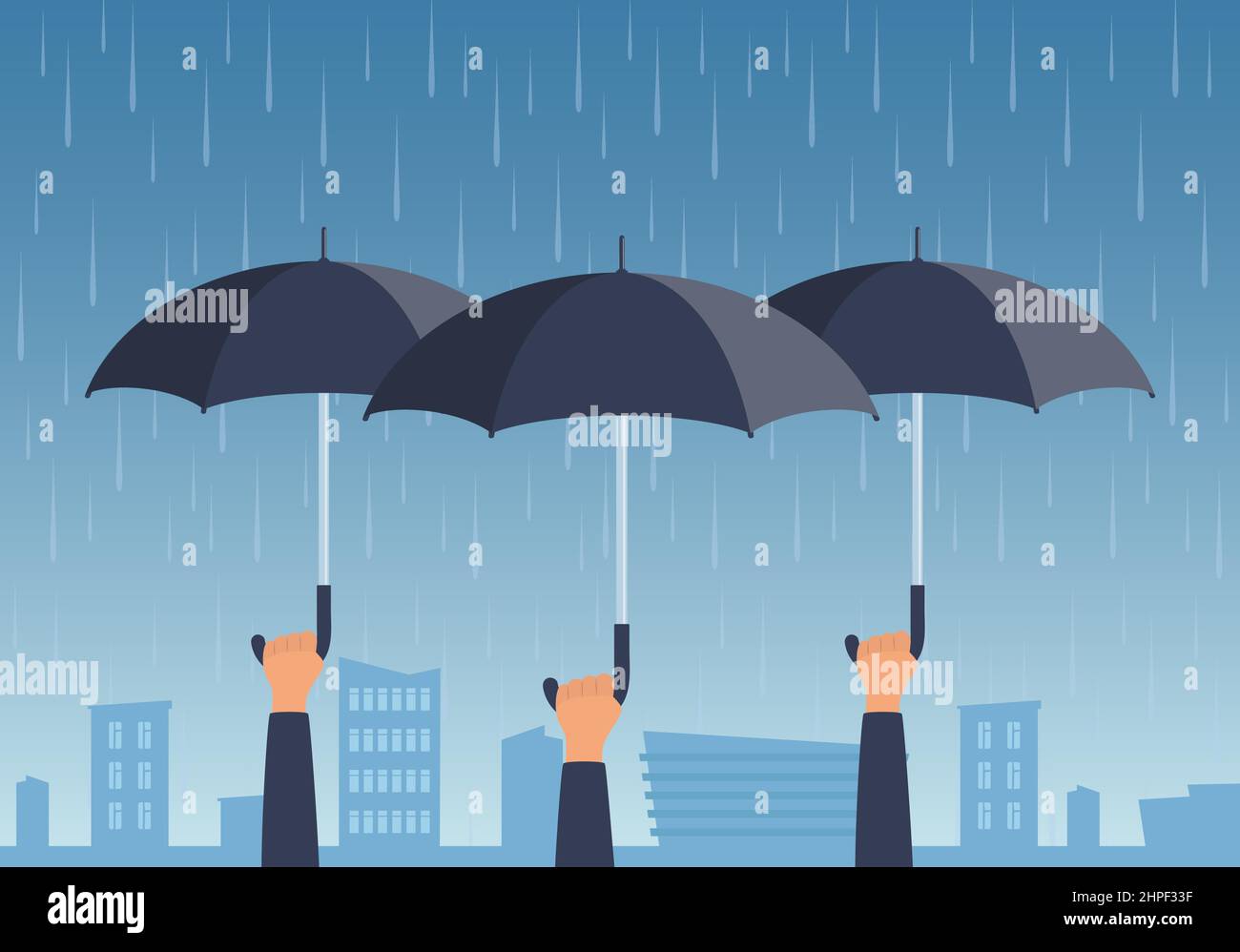 People hold umbrellas over the city in the rain. Hands holding open umbrellas. Concept vector Illustration Stock Vector