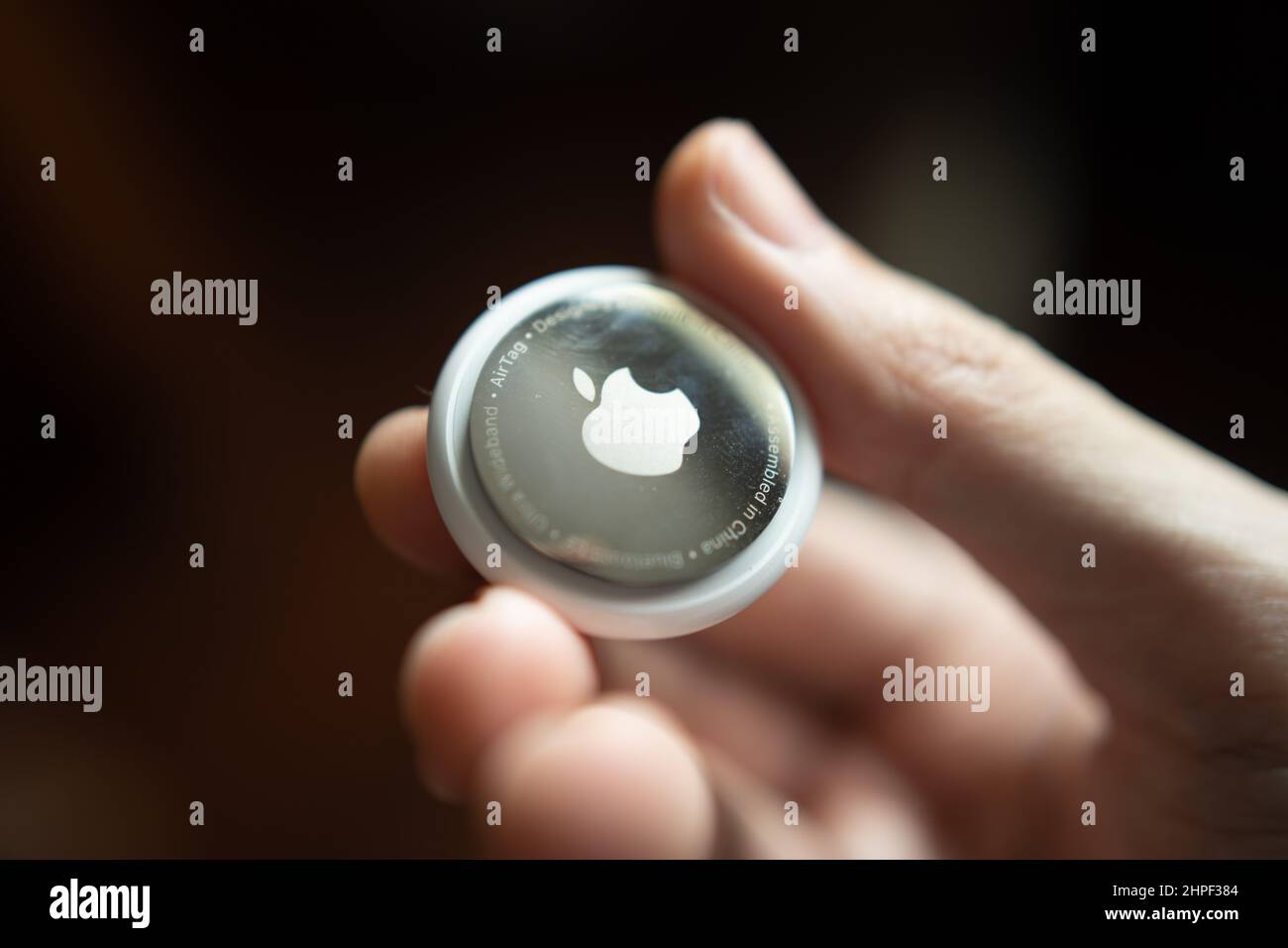 Bangkok, Thailand - Febrauary 5, 2022: AirTag is a tracking device developed by Apple. Stock Photo