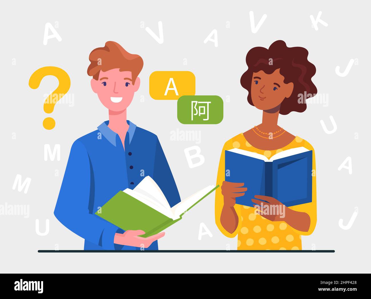 Man and woman with dictionary Stock Vector