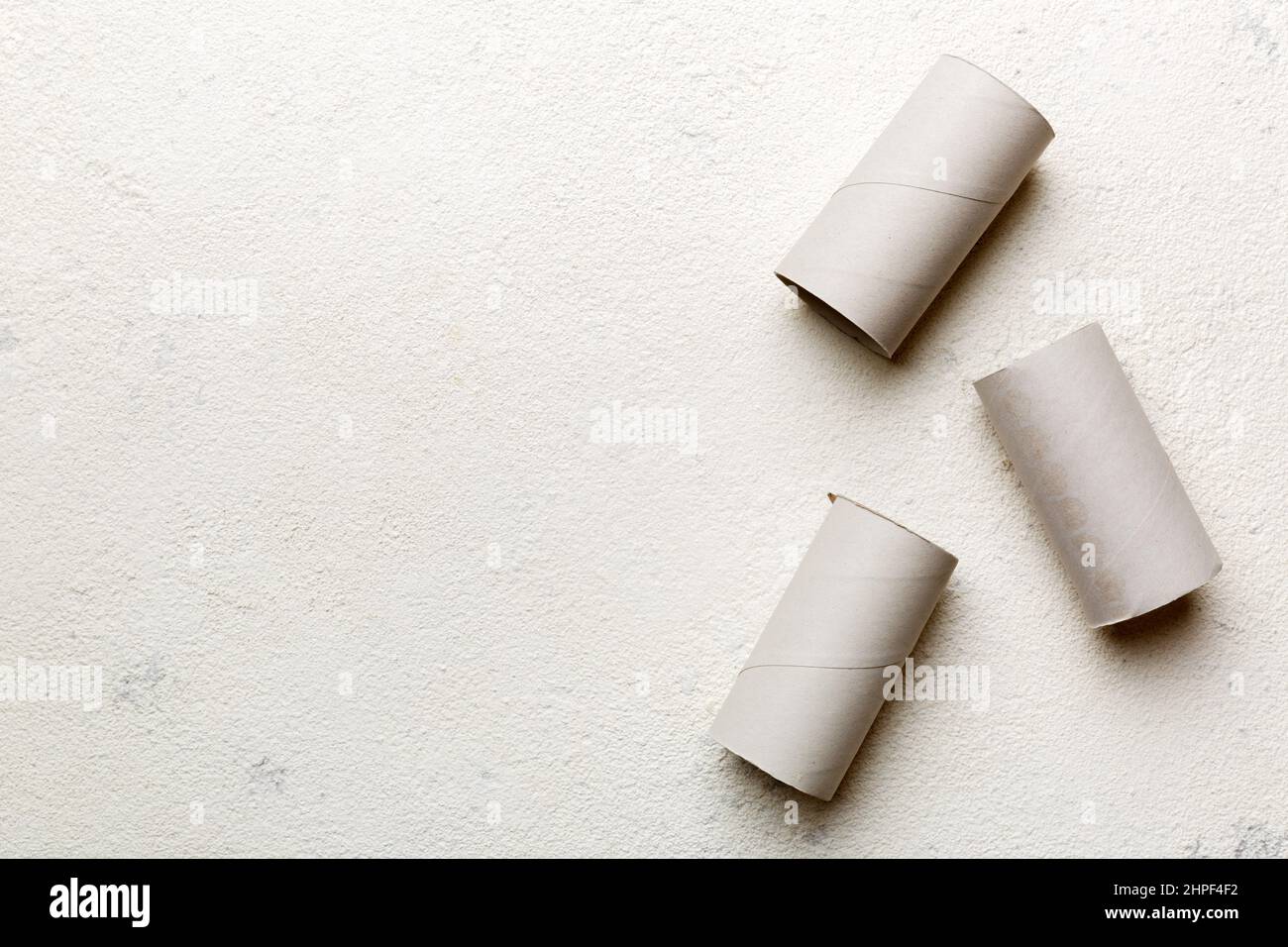 Flat lay composition with empty toilet paper rolls and space for text