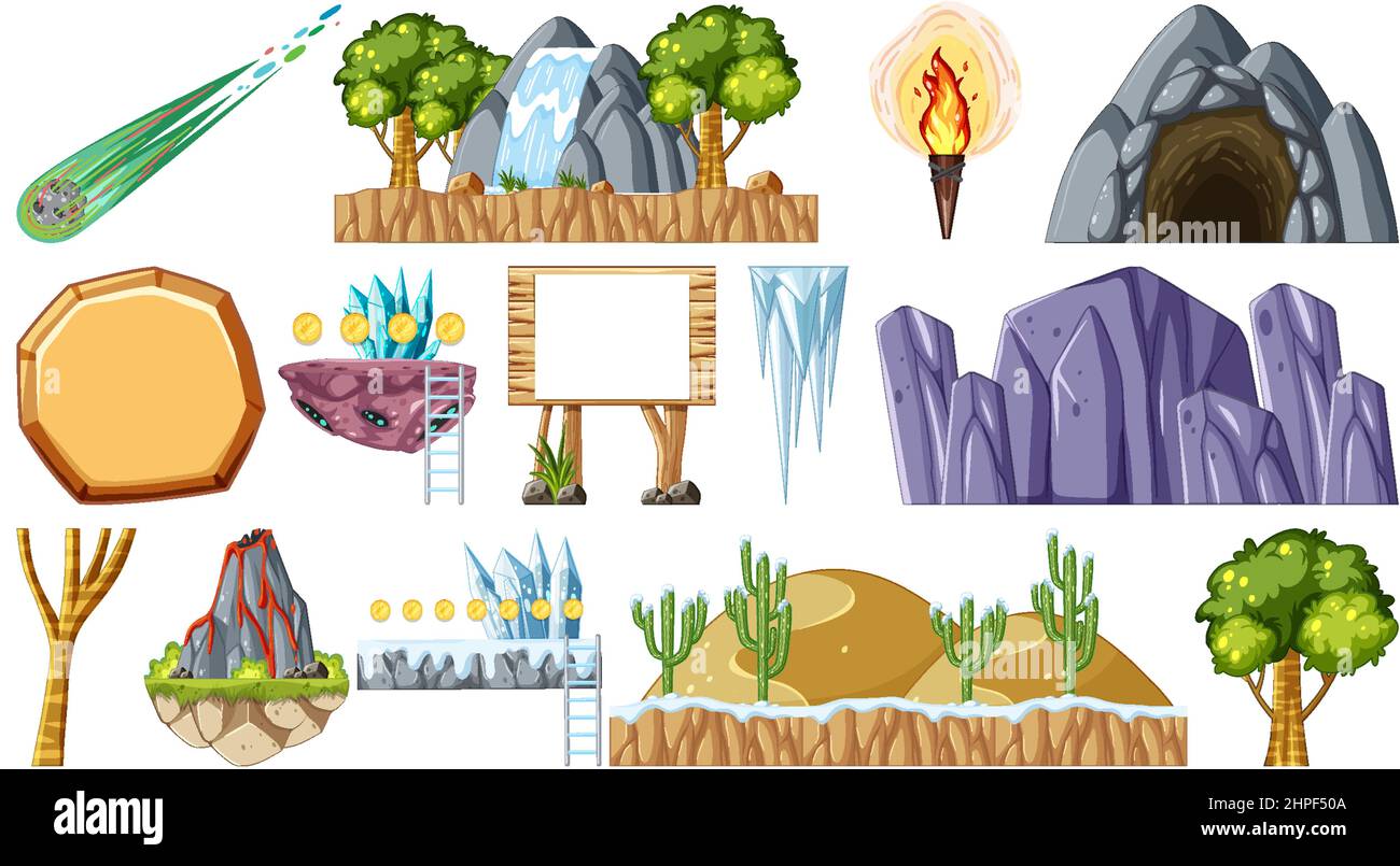 Set of isolated fantasy space game objects and elements illustration ...
