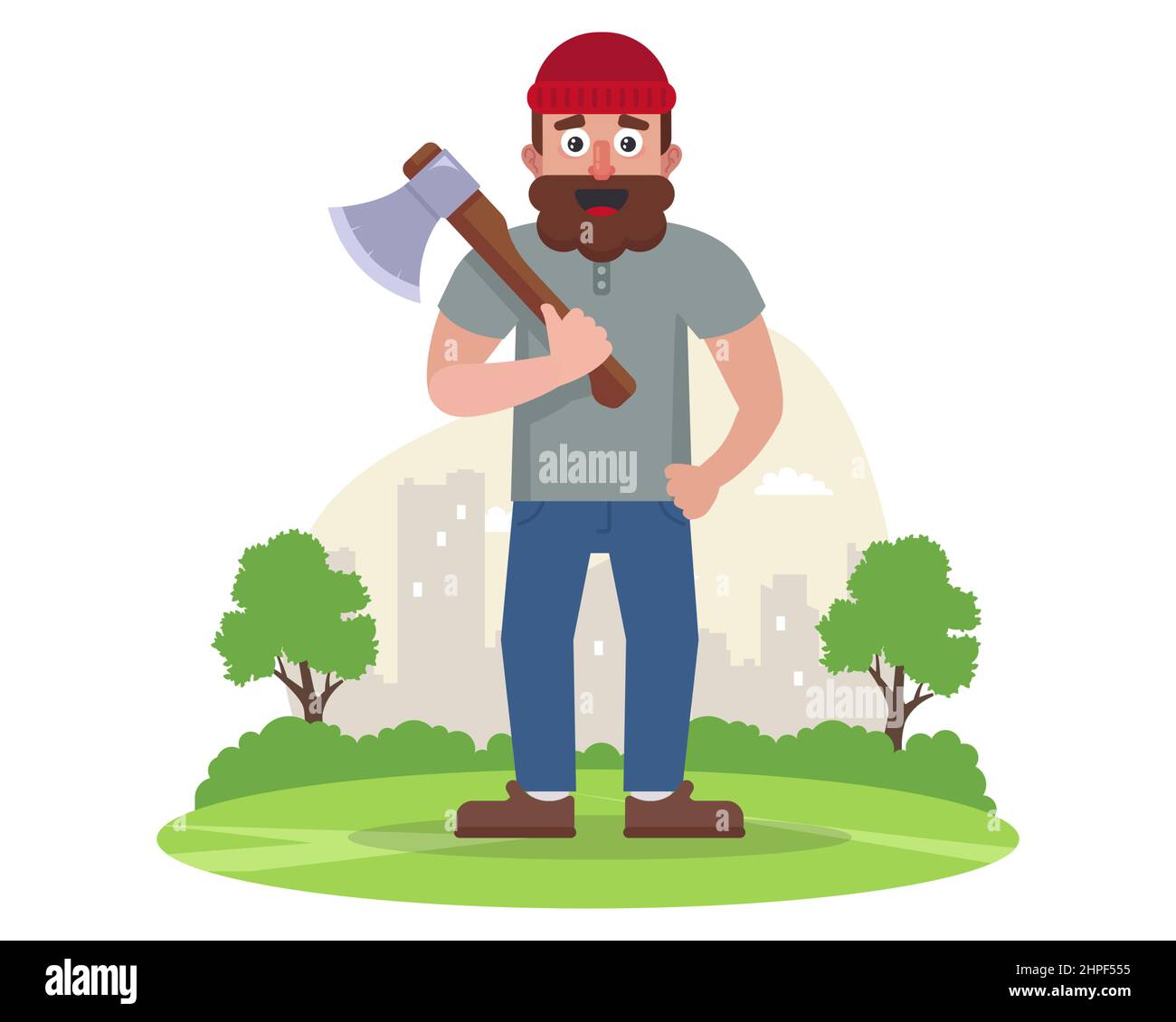 character lumberjack with an ax goes to cut trees. flat vector illustration. Stock Vector