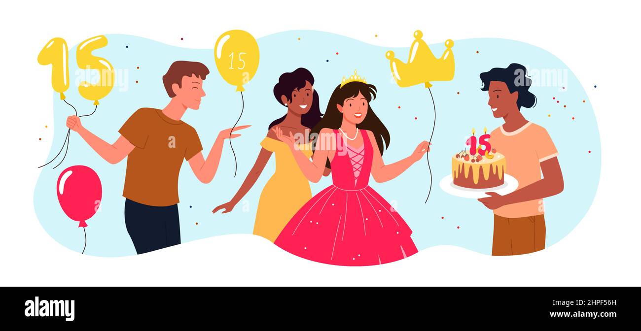 Cartoon male friend greeting, giving surprise gift cake and balloons to excited pretty girl in princess dress and tiara. Quinceanera concept. Birthday Stock Vector