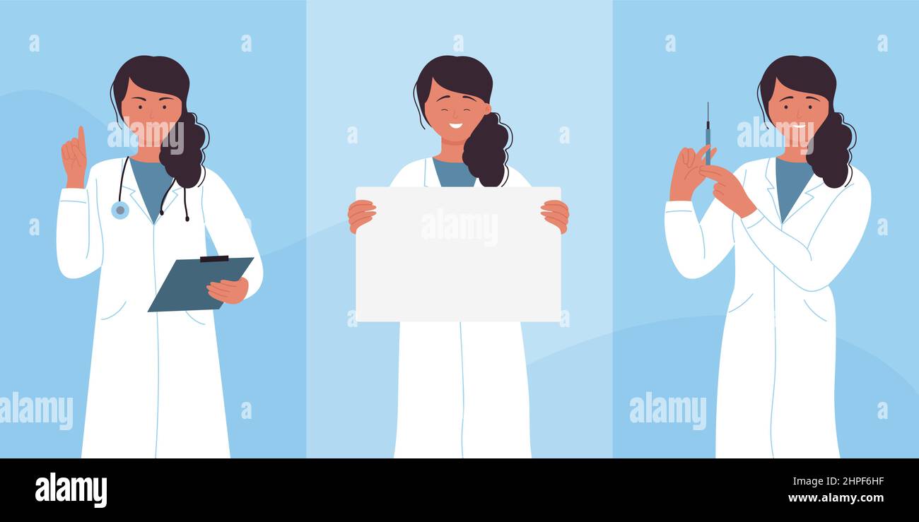 Set Of Female Doctor In Working Poses With Different Emotions Nurse