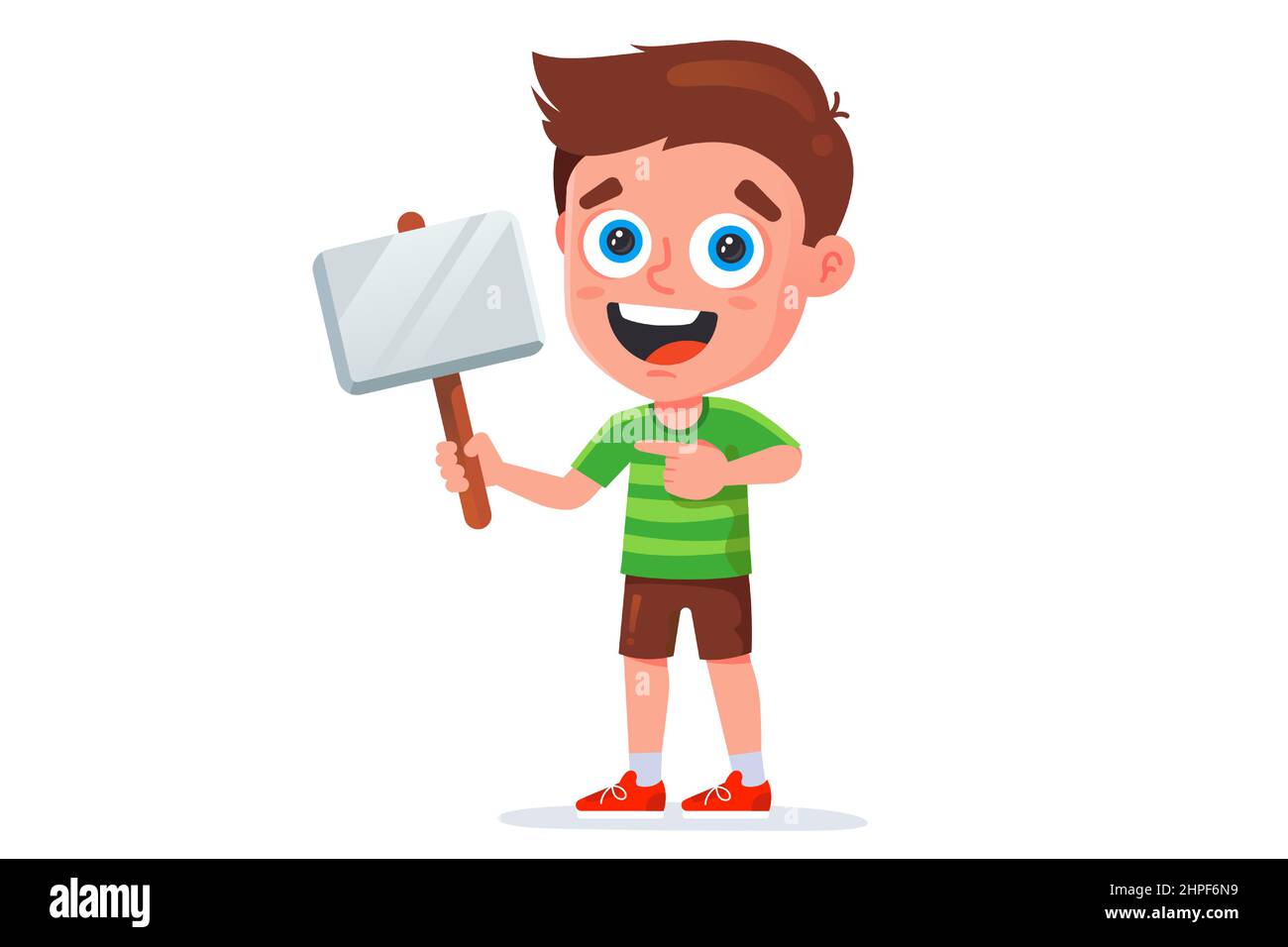 young guy holding a white sign. flat vector illustration. Stock Vector