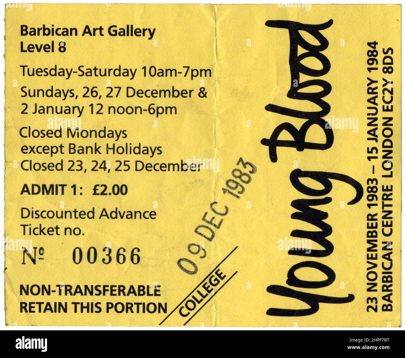 Young Blood / Design Into Industry exhibition ticket,     Barbican Centre, London, UK, 24 Nov 1983–15 Jan 1984 Stock Photo