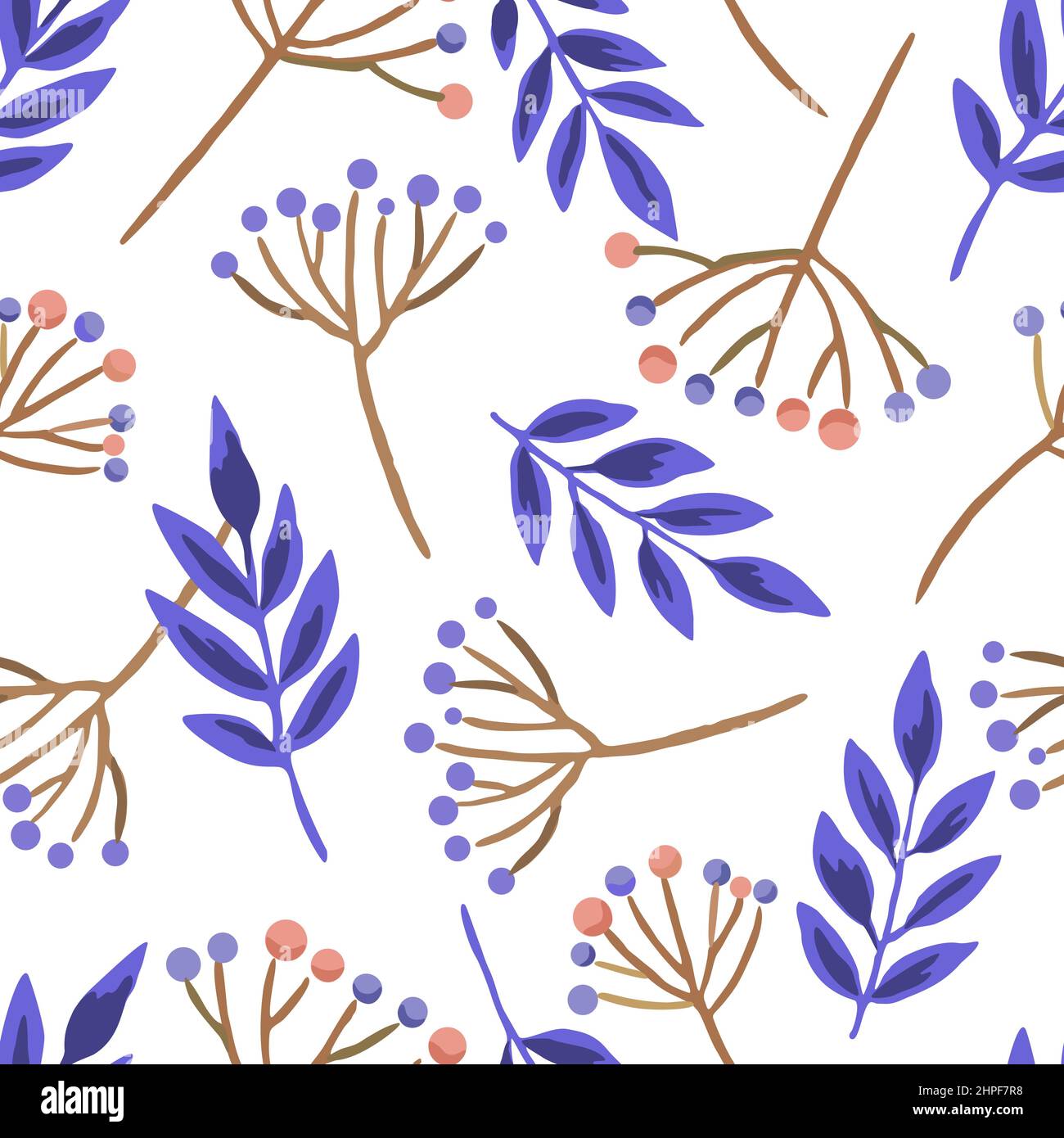 Seamless pattern with berry branches and doodle autumn leaves. Vector ...