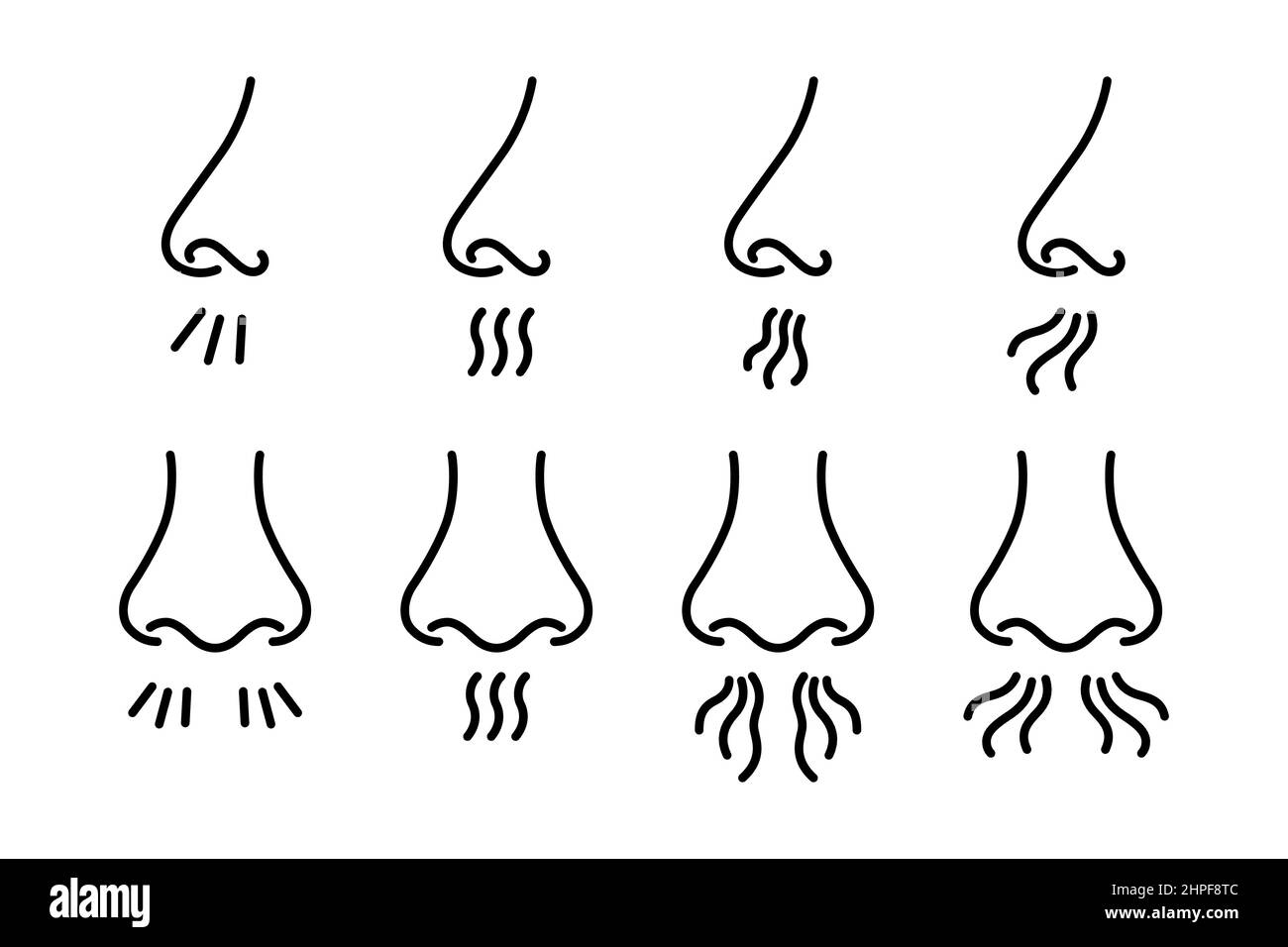 Nose and breath icon. Nasal breathing. Human organ of smell. Unpleasant smell. Nose inhales fragrance. Set of outline icons. Vector illustration in Stock Vector