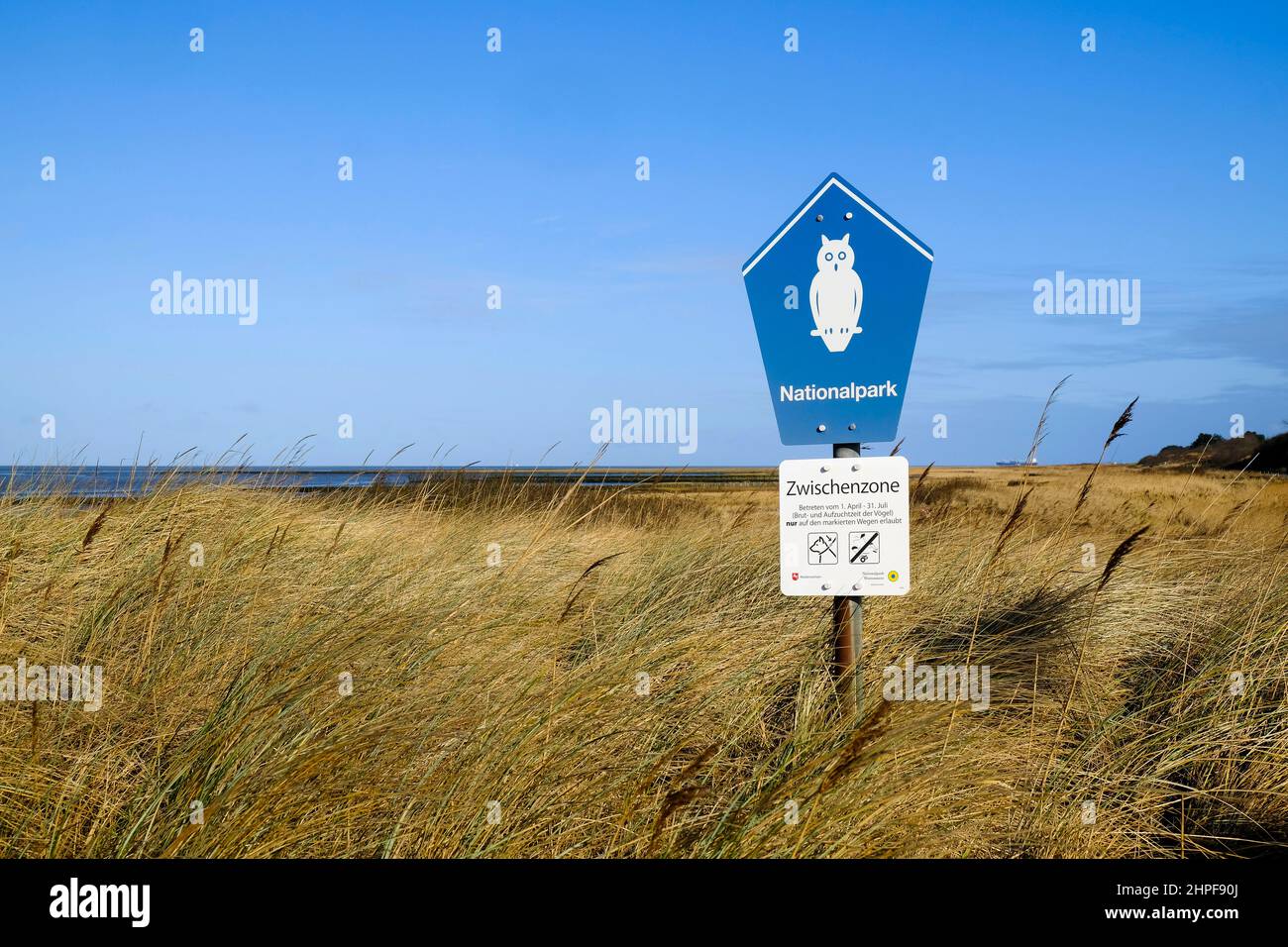 11.02.2022, Cuxhaven, Niedersachsen, Deutschland - Schilder im Nationalpark Wattenmeer im Stadtgebiet von Cuxhaven weisen auf die sogenannte Zwischenz Stock Photo