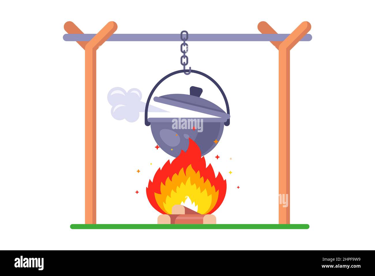 boil water over a fire. cook soup in the woods. flat vector illustration. Stock Vector