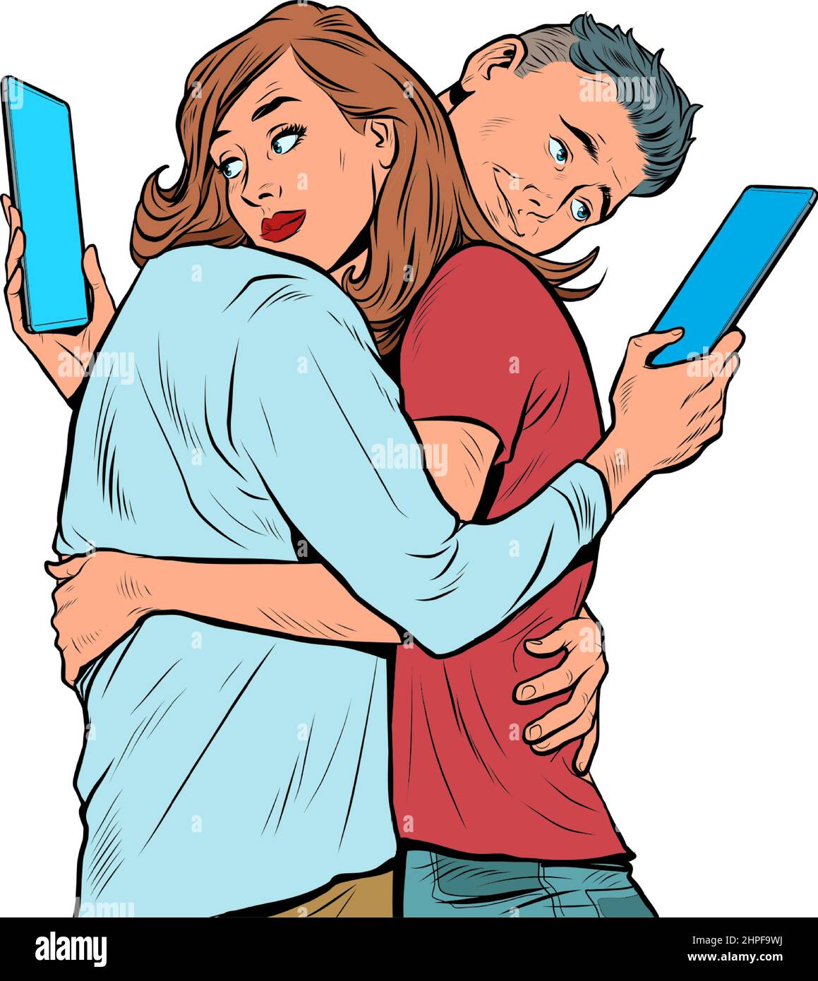 A couple of a man and a woman are watching smartphones. Problems dependence on social networks Stock Vector