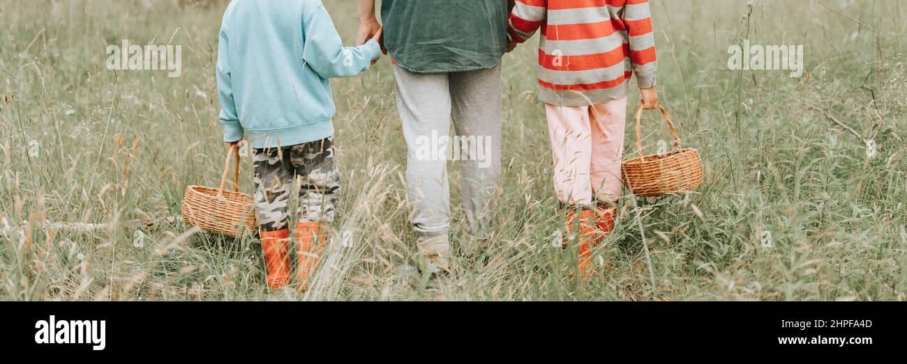kids mushroom pickers go to the forest or woodland by the hand with their grandmother. family of survivalists gathers wild fungus harvest and outdoor Stock Photo