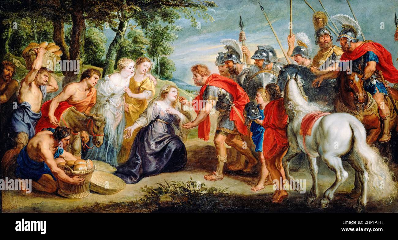 David meeting Abigail, oil on canvas painting by Workshop of Peter Paul Rubens, 1630-1635 Stock Photo