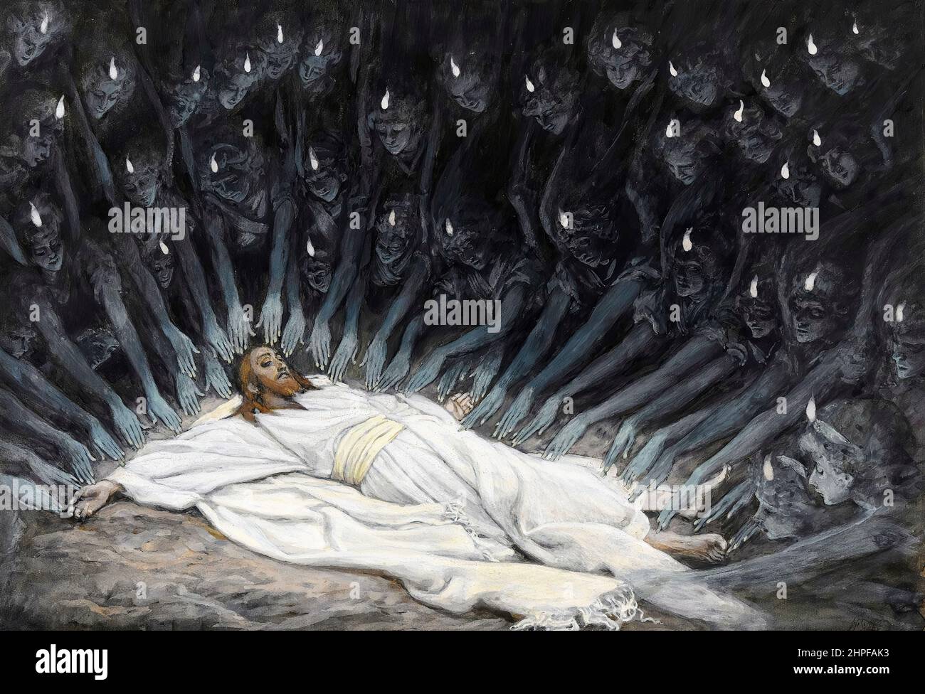 James Tissot, painting, Jesus Ministered to by Angels, 1886-1894, opaque watercolor over graphite on gray wove paper Stock Photo