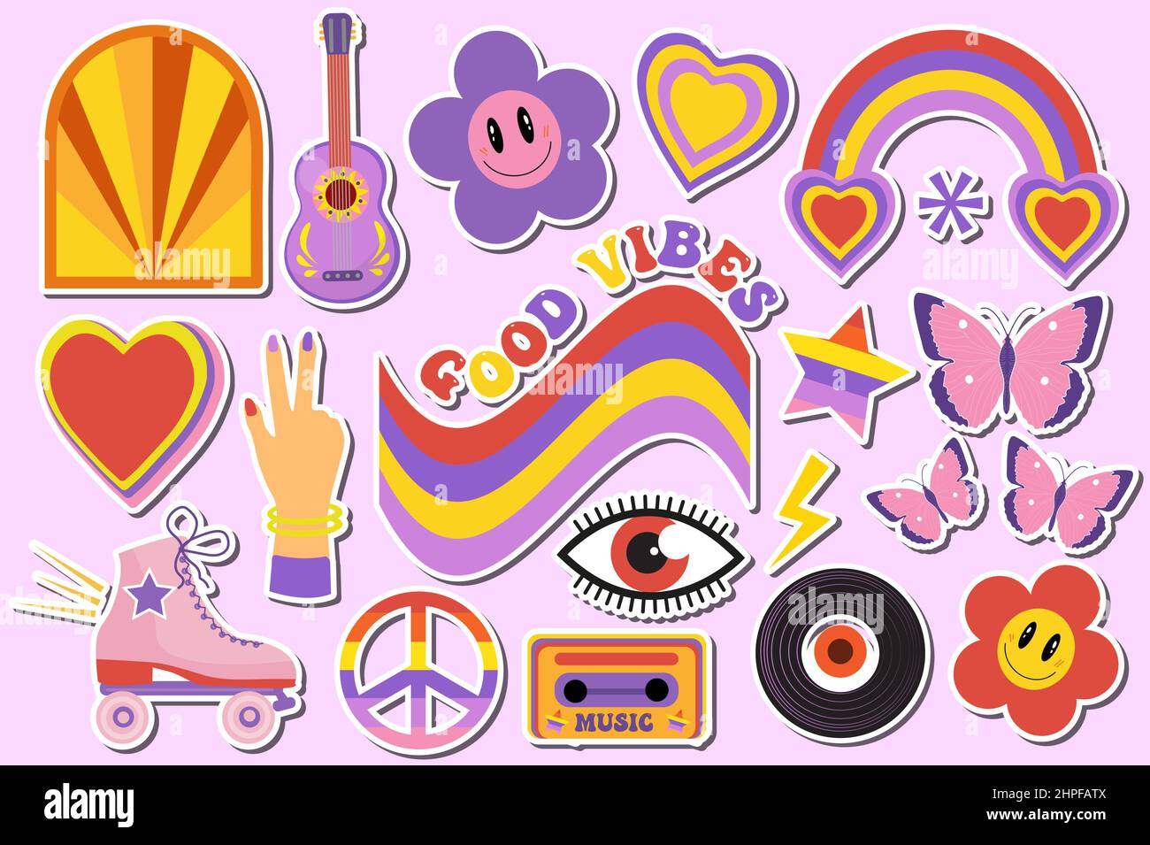 Retro 70s Hippie Sticker Objects Set Psychedelic Trippy Groovy Elements For T Shirts Cartoon 