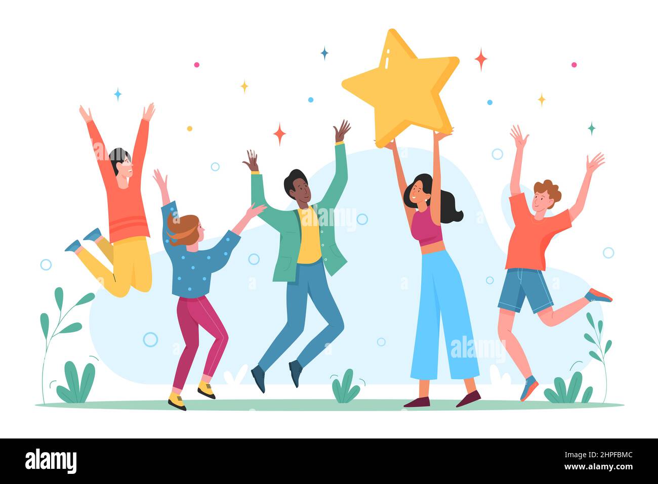 Happy people celebrate success achievement with joy. Fun group of adult  friends or collegues win, persons jump with star together on informal party  flat vector illustration. Goal, friendship concept Stock Vector Image