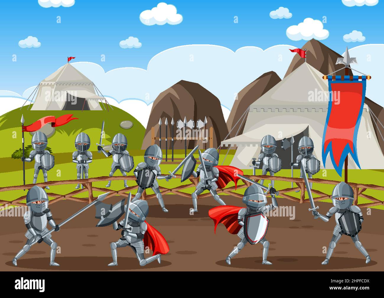 Medieval outdoor scene with armoured knights illustration Stock Vector ...