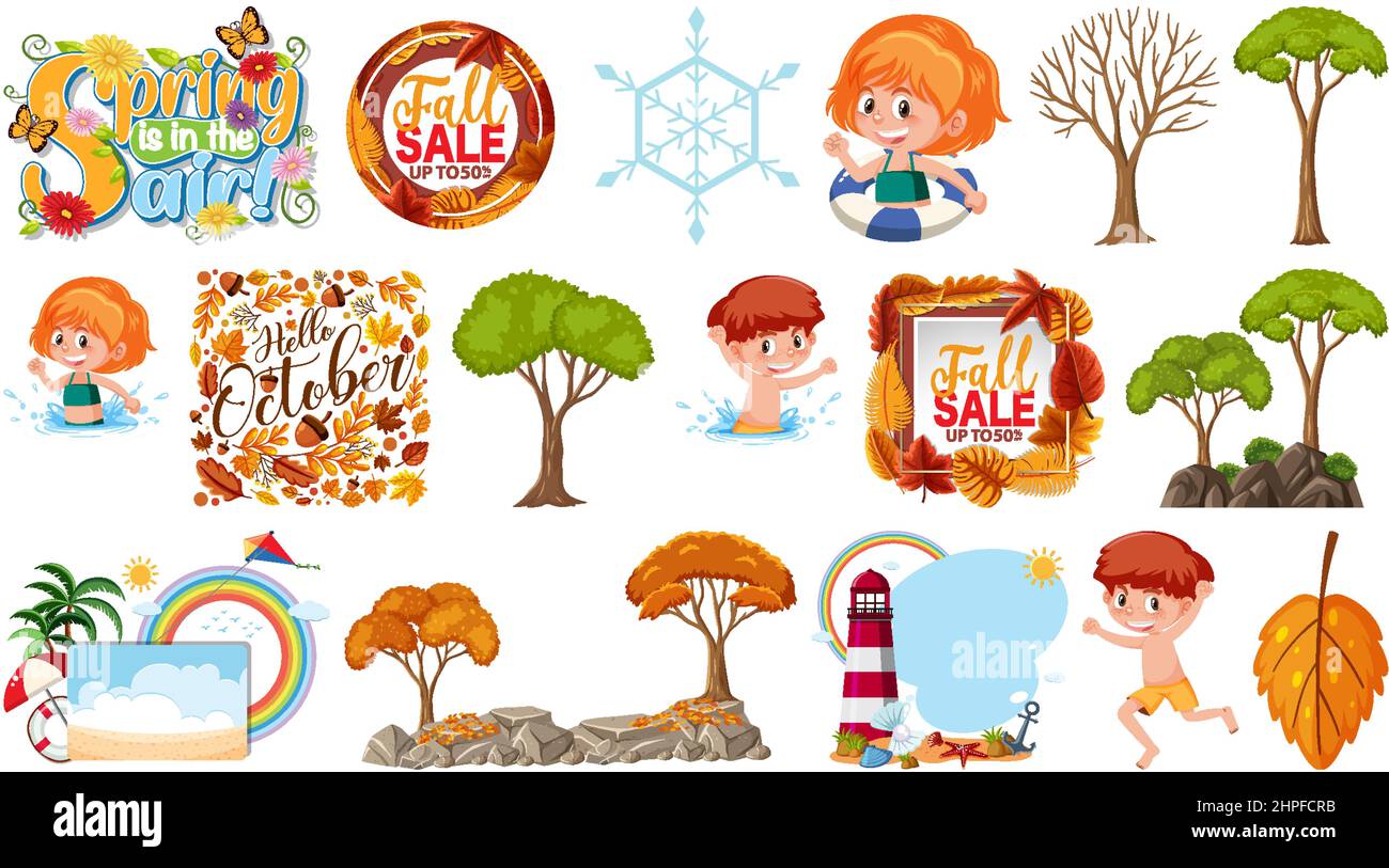 Set of four seasons trees and nature objects illustration Stock Vector ...