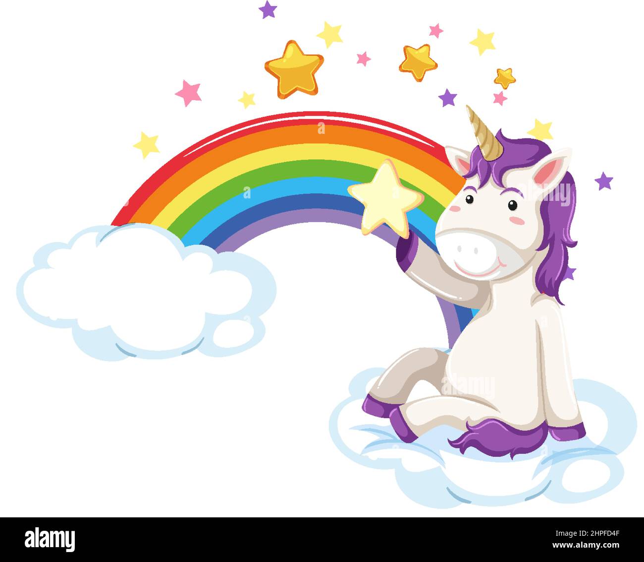 Purple unicorn sitting on a cloud with rainbow illustration Stock ...