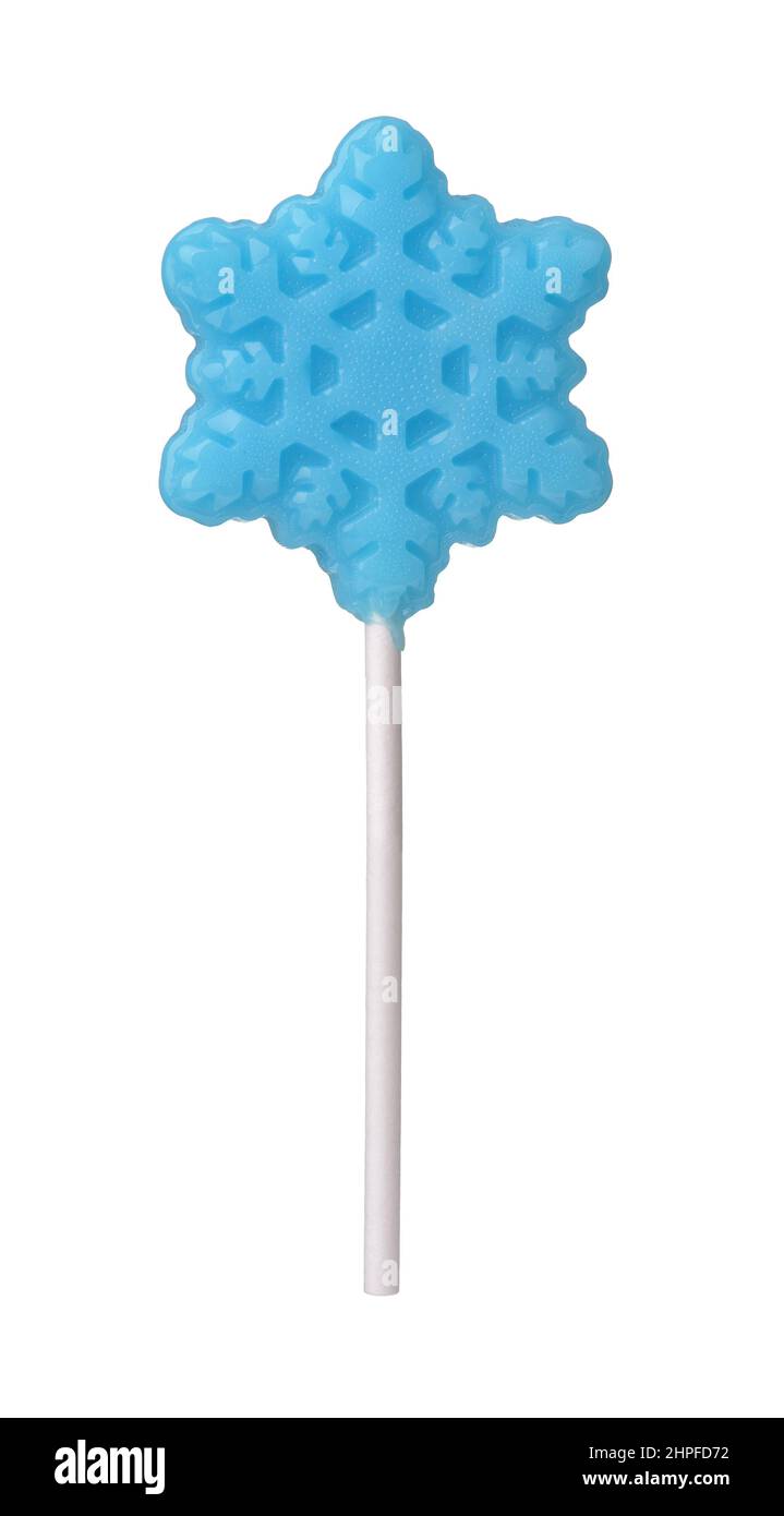 Front view of blue handmade christmas snowflake lollipop isolated on white Stock Photo