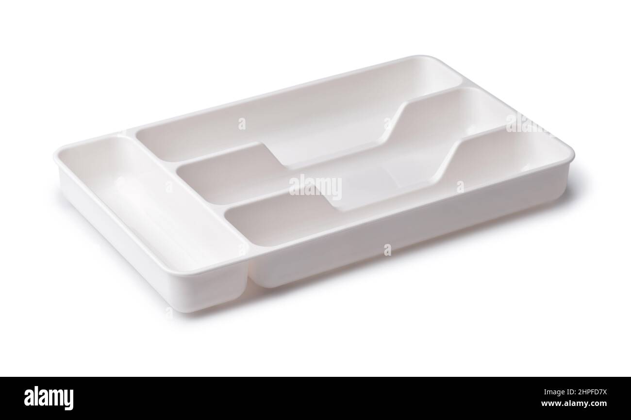 Empty plastic drawer cutlery tray isolated on white Stock Photo