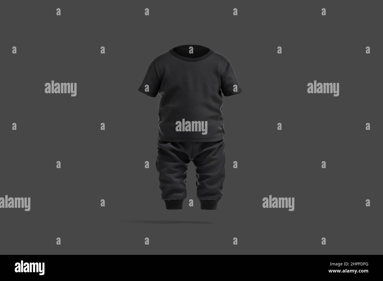 Blank black baby suit with tshirt, pants mockup, dark background Stock