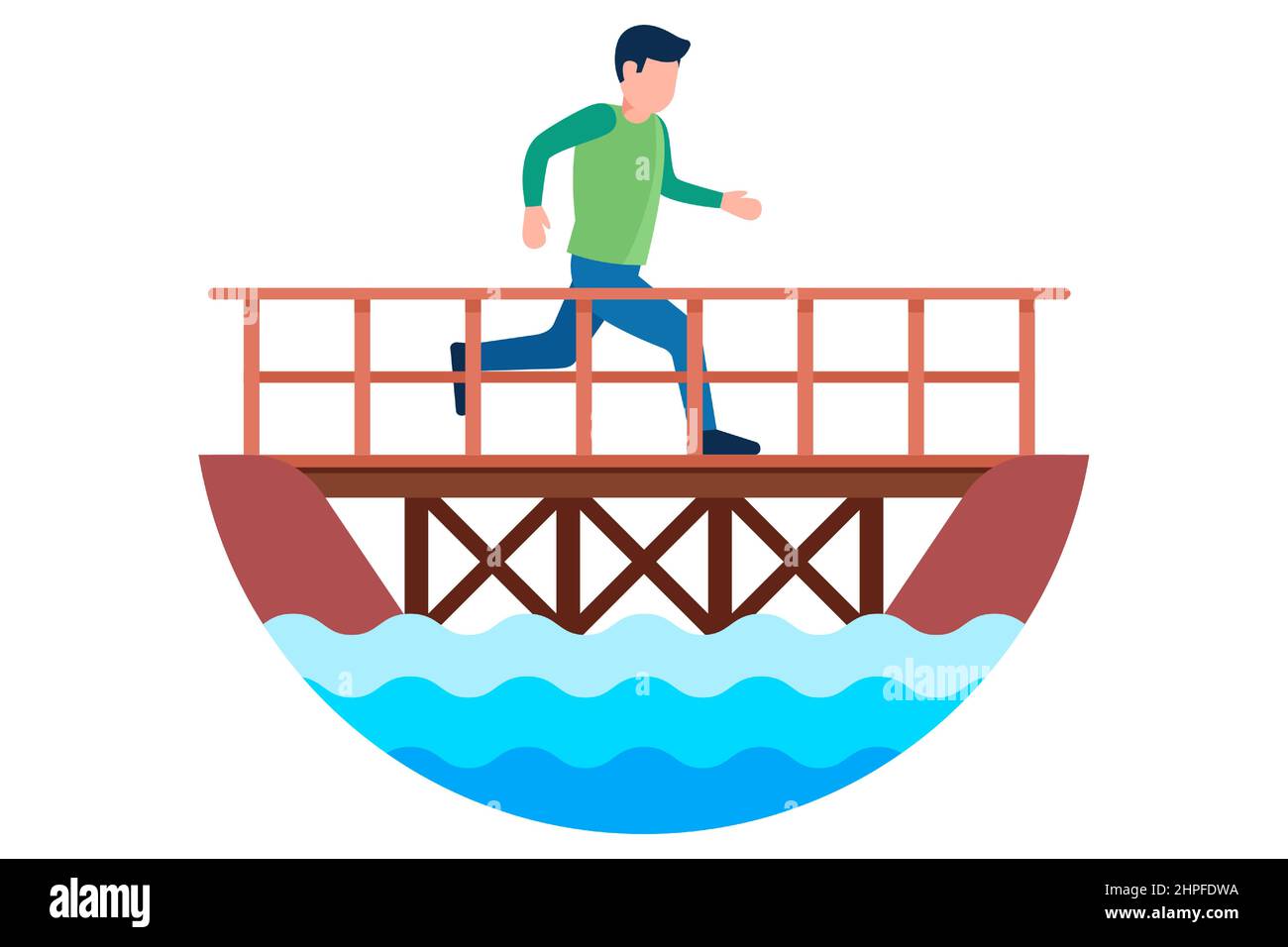 a pedestrian crosses the river through a wooden bridge. flat vector illustration. Stock Vector