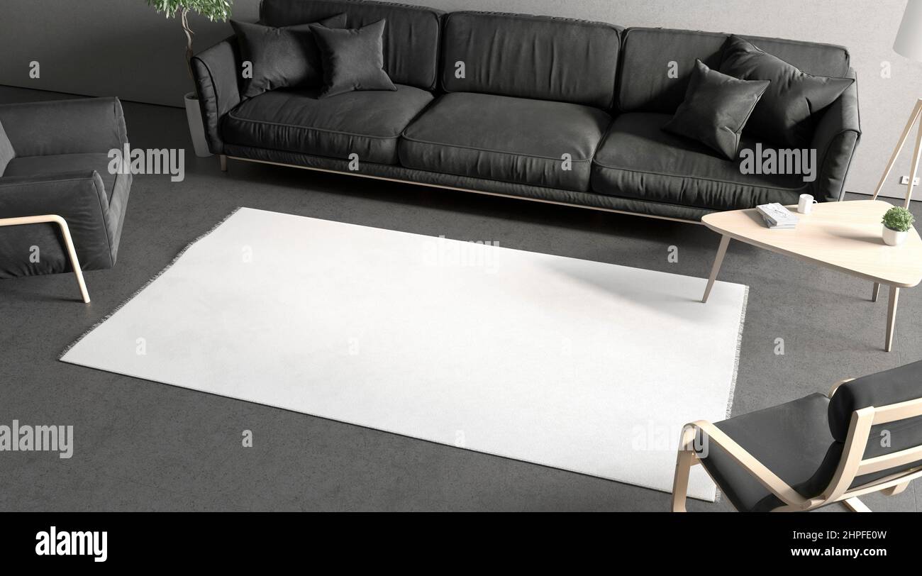 Blank white rectangular interior carpet in room mockup, top side Stock Photo