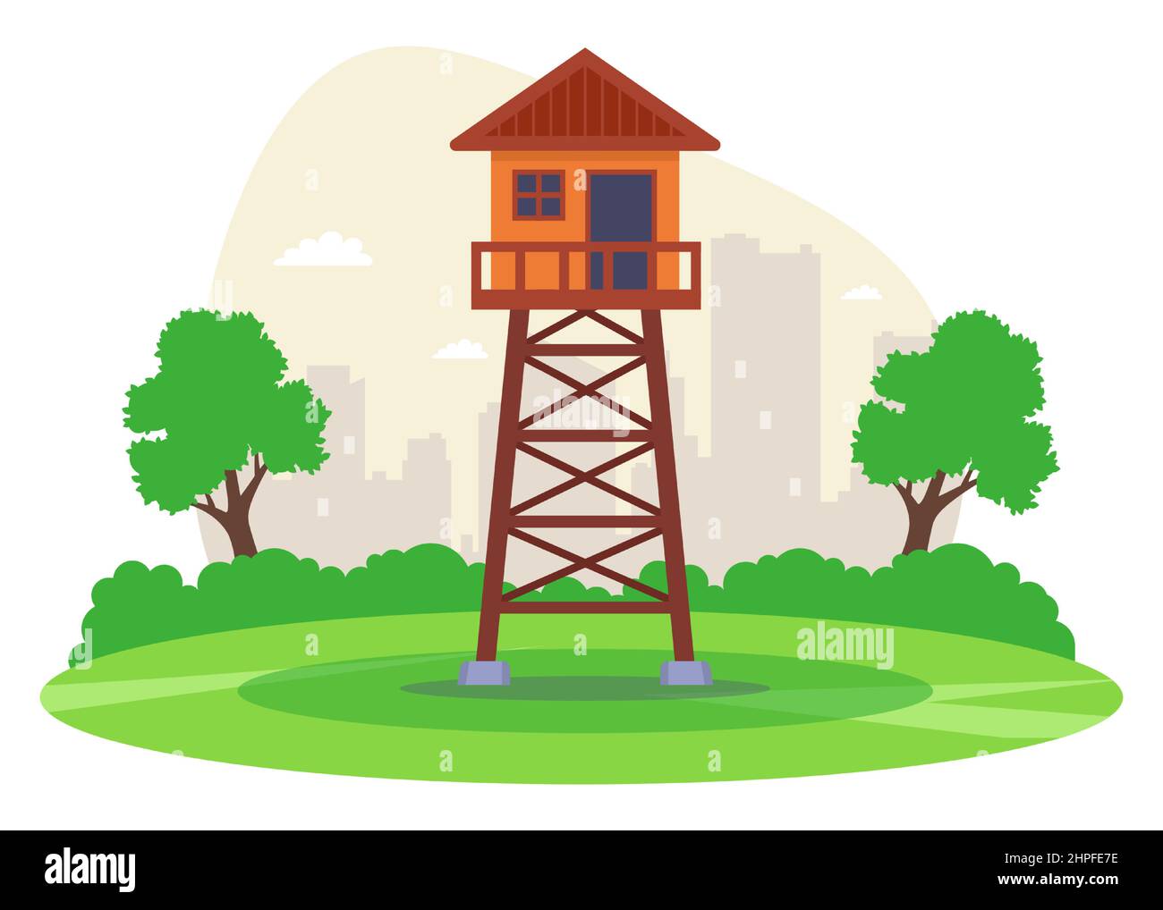 observation tower on a green meadow to protect the territory. flat vector illustration. Stock Vector