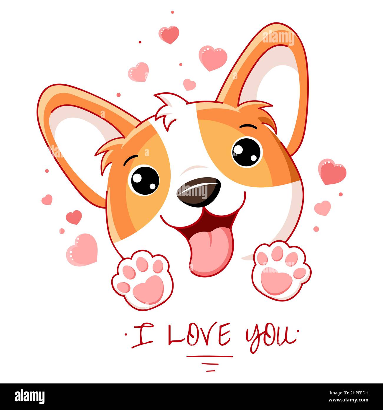 Cute Valentine card in kawaii style. Lovely little corgi puppy with pink hearts. Inscription I love you. Can be used for t-shirt print, stickers, gree Stock Vector