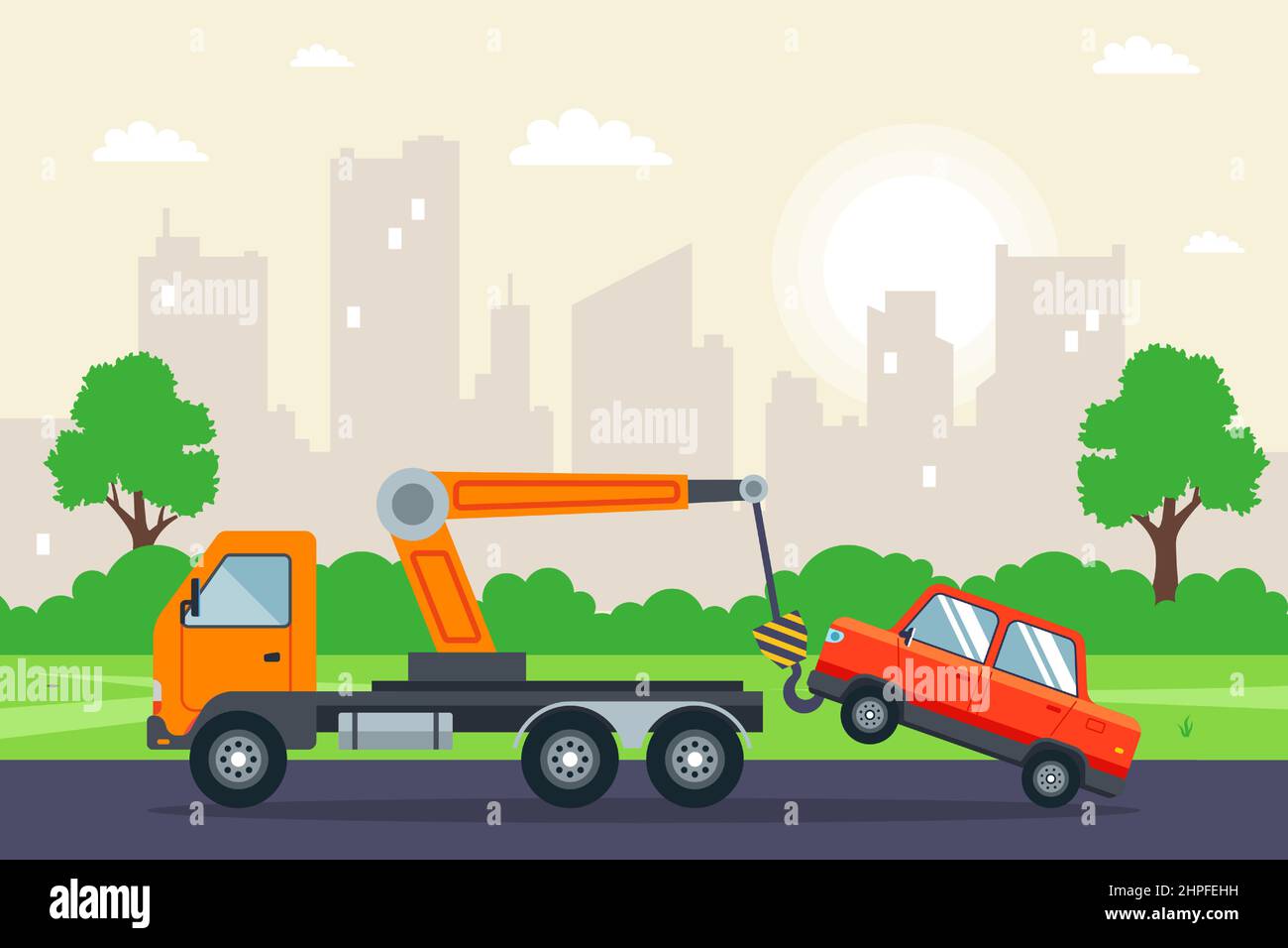 tow truck towing a car in the city. flat vector illustration Stock