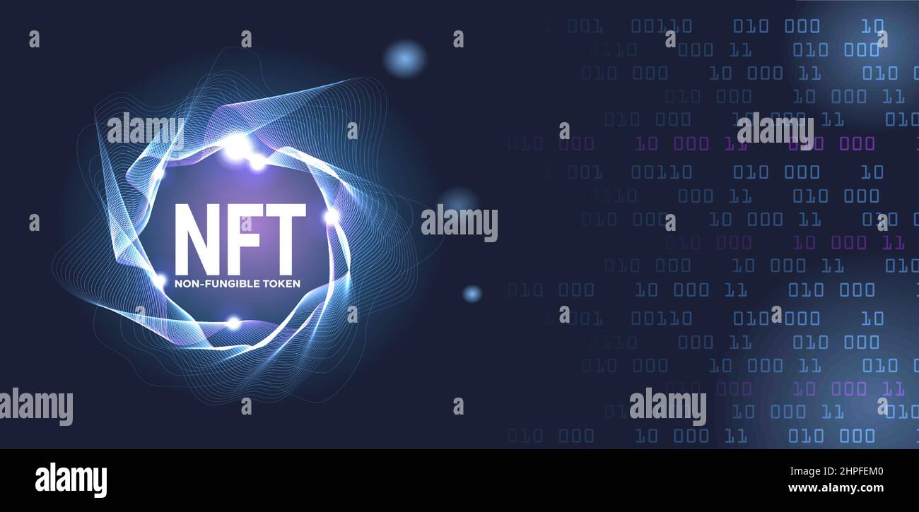 NFT nonfungible tokens text in the center of spiral of glowing dots on dark background. Stock Vector