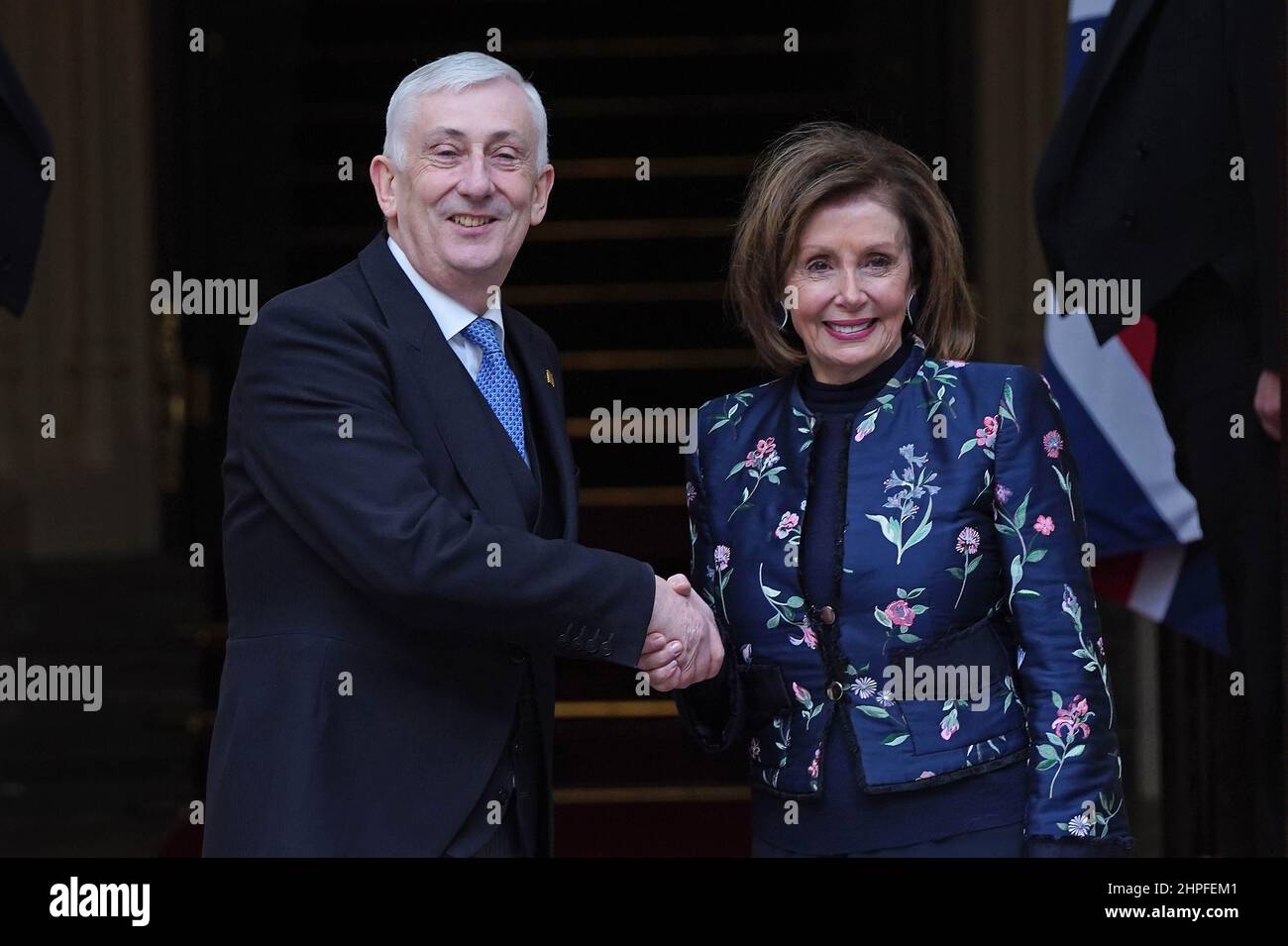 Nancy Pelosi, Speaker of the House of Representatives, with Commons Speaker Sir Lindsay Hoyle, during a visit as his guest to the Houses of Parliament in Westminster, London. Picture date: Monday February 21, 2022. Stock Photo