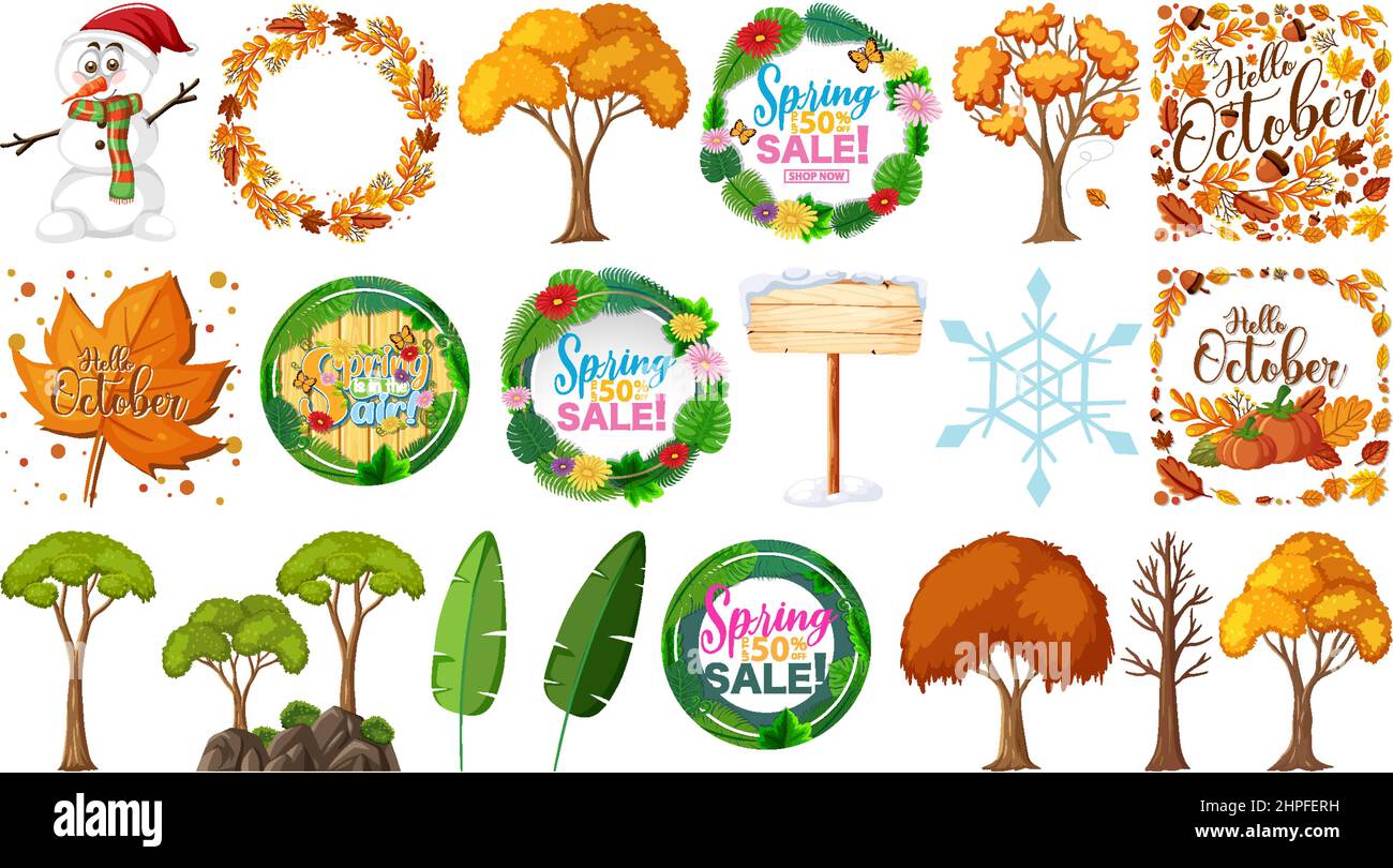 Set of four seasons trees and nature objects illustration Stock Vector ...