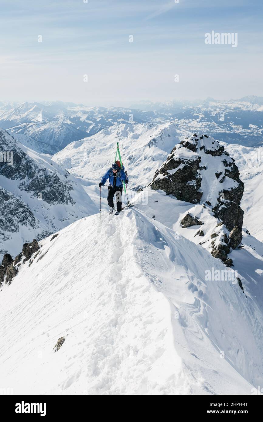 Ski touring in Aiguilles Rouges nature reserve, Chamonix, France Stock Photo