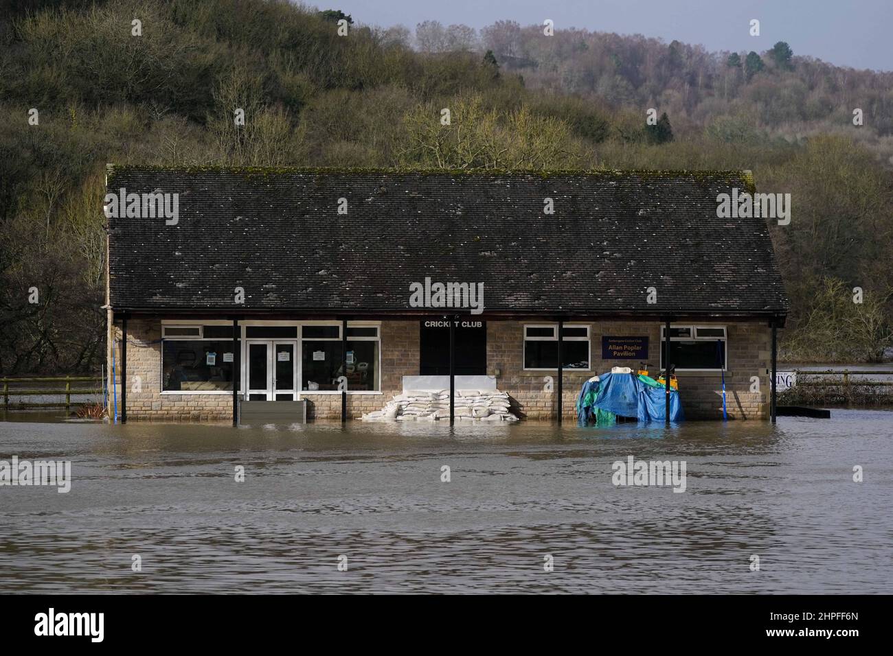 Ambergate Cricket Club is flooded in Belper, Derbyshire, as Britons have been warned to brace for strengthening winds and lashing rain as Storm Franklin moved in overnight, just days after Storm Eunice destroyed buildings and left 1.4 million homes without power. Picture date: Monday February 21, 2022. Stock Photo