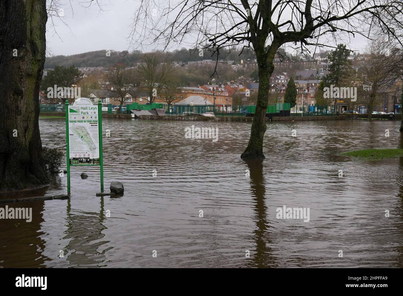 Hall Leys Park is flooded in Matlock, Derbyshire, as Britons have been warned to brace for strengthening winds and lashing rain as Storm Franklin moved in overnight, just days after Storm Eunice destroyed buildings and left 1.4 million homes without power. Picture date: Monday February 21, 2022. Stock Photo