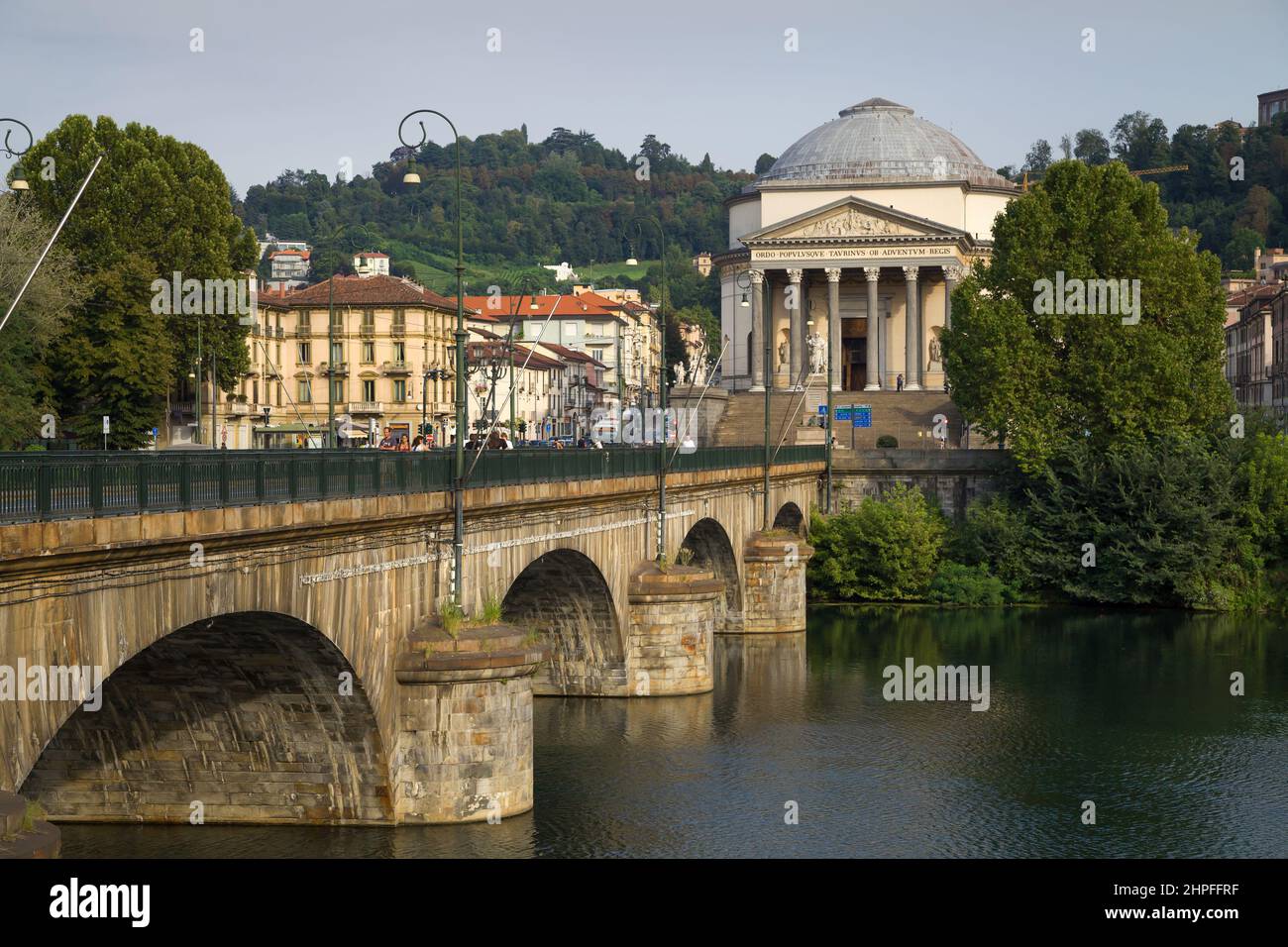 Torino, Italy - August 13, 2021: Vittorio Emanuele I Bridge and Gran Madre di Dio Church in Torino, Italy. Stock Photo