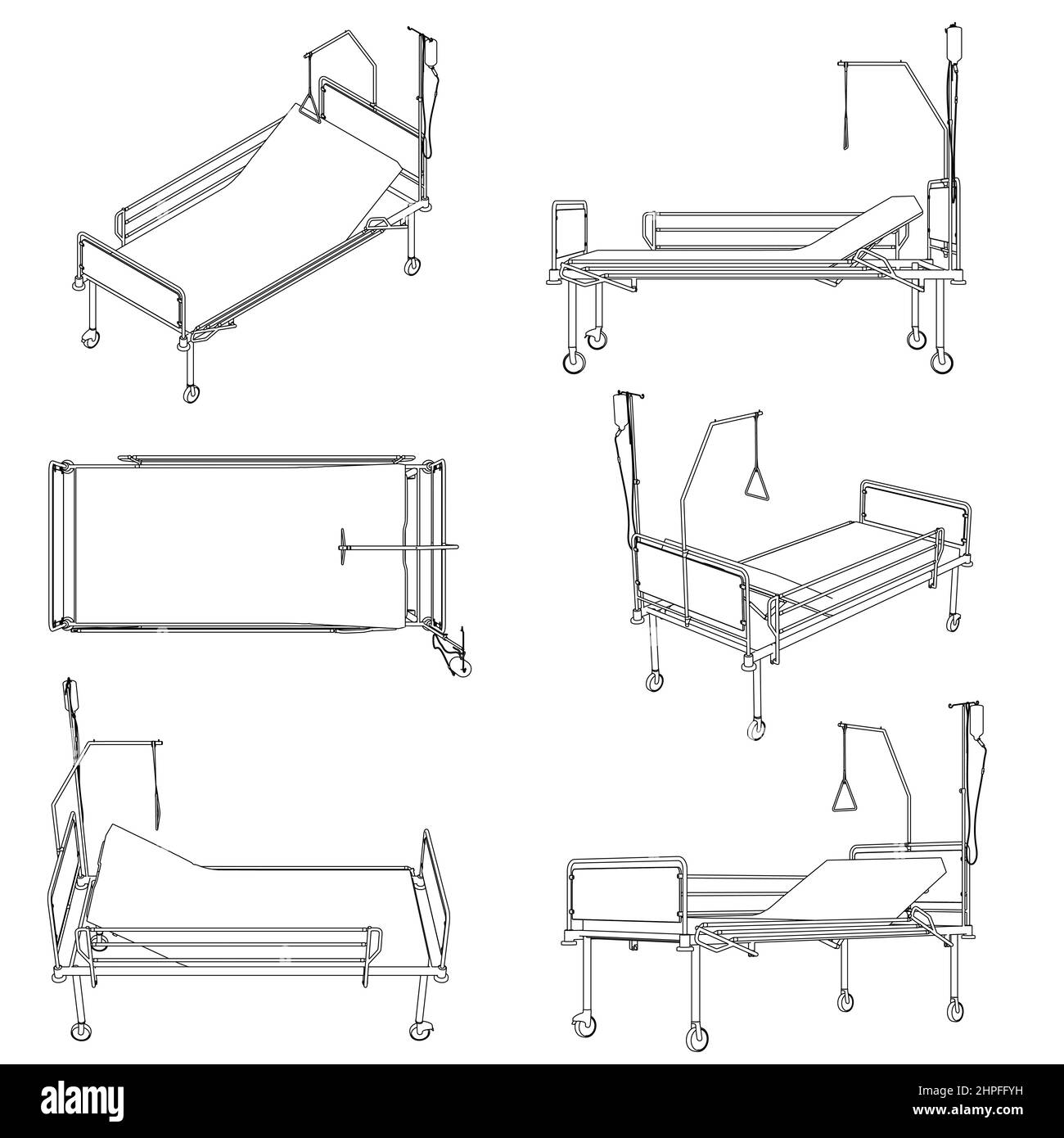 Set with contours of a hospital bed with a dropper from black lines