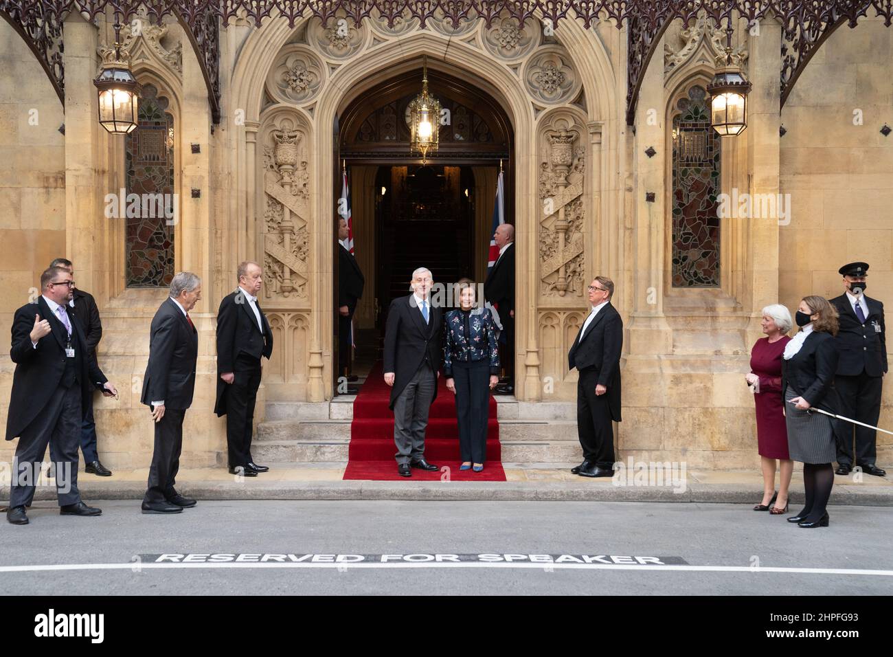 Nancy Pelosi, Speaker of the House of Representatives is greeted by Commons Speaker Sir Lindsay Hoyle, during a visit as his guest to the Houses of Parliament in Westminster, London. Picture date: Monday February 21, 2022. Stock Photo