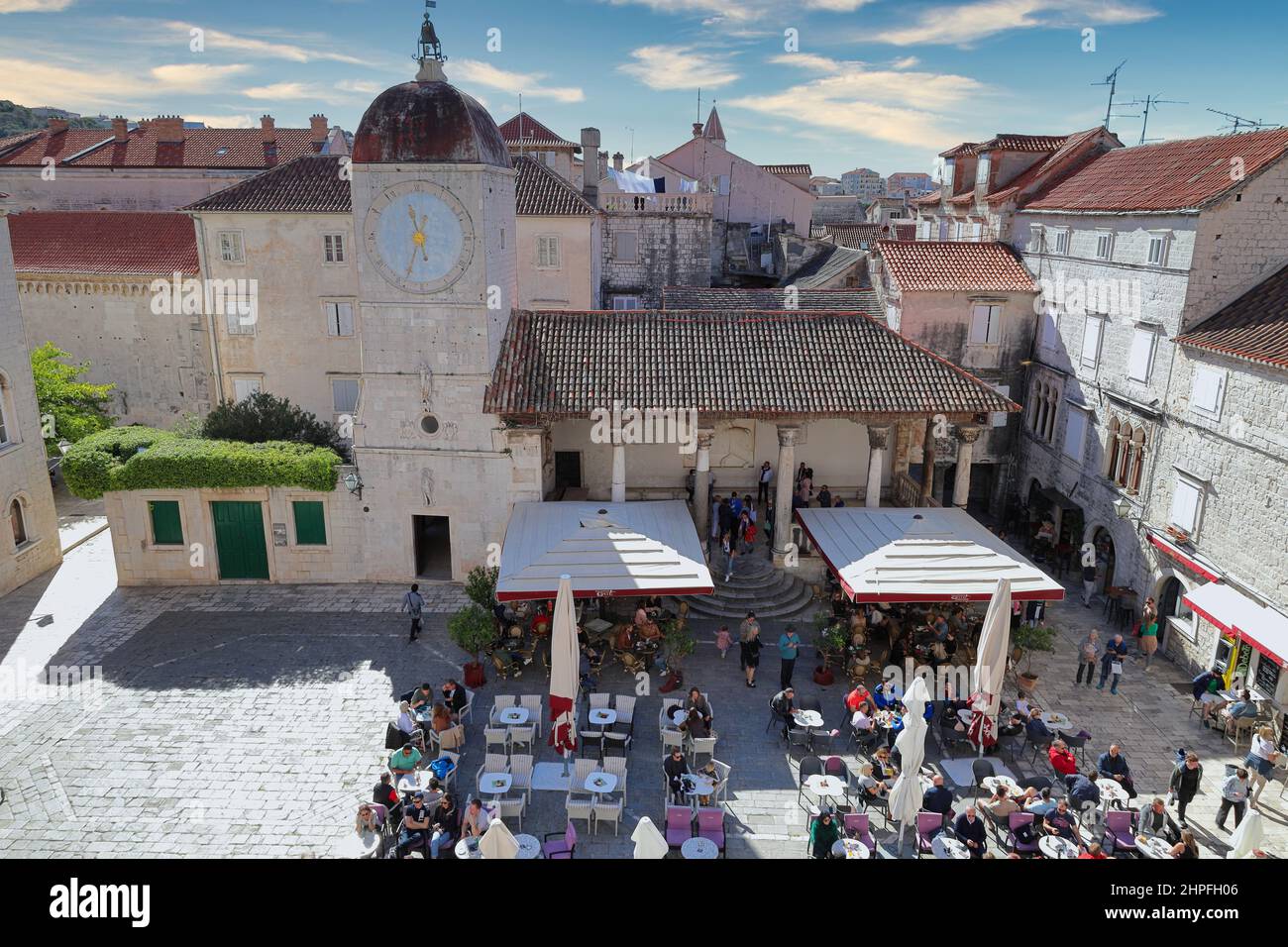 Trogir, Croatia - looking down on the square with its clock tower, town hall and cafes Stock Photo