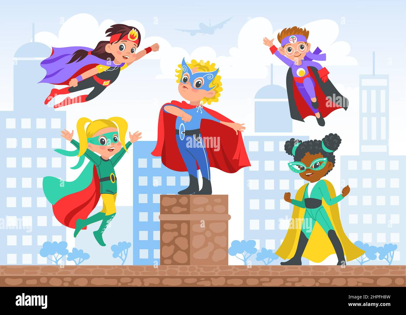 Kids superheroes in city. Comic children characters on street. Boys and