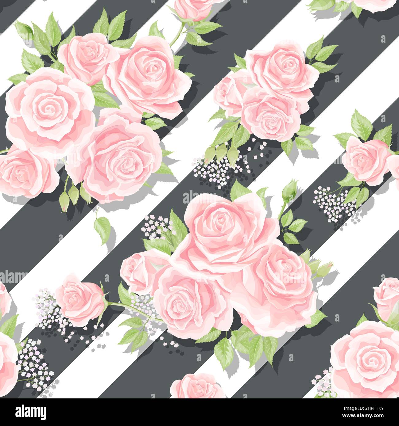 Pink roses seamless vector pattern with brushed stripes background ...